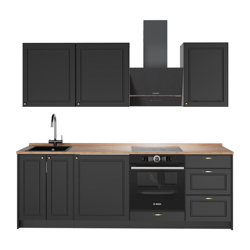 KÜCHENZEILE Fame-Line, Anthrazit-Gold Landhaus/Anthrazit, 230 cm, AP Eiche - Anthrazit, Holzwerkstoff (230/82/60cm) - Vicco