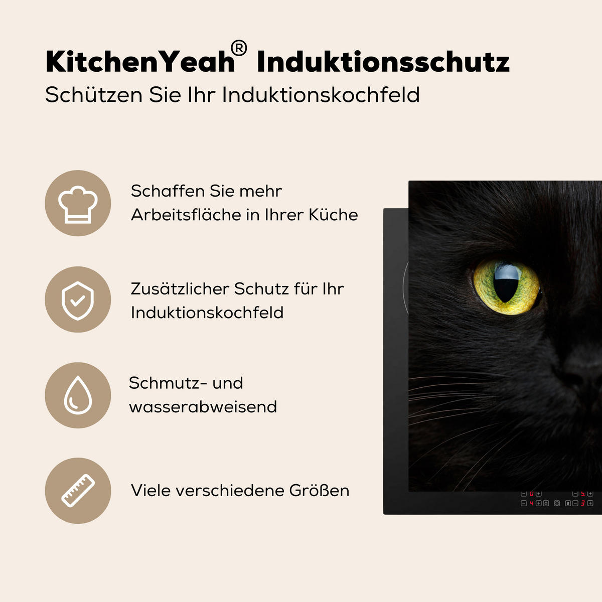 HERDABDECKPLATTE Katze - Augen - Gelb - Schwarz Herdabdeckung Induktionsfeld 60x52 cm - Schwarz, Kunststoff (60/52/0.2cm) - MuchoWow