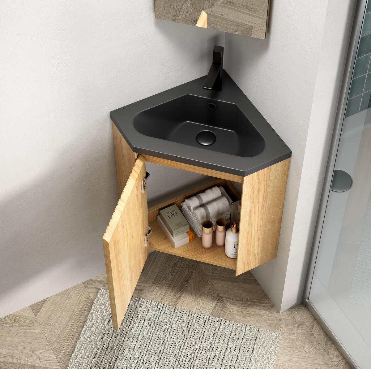 WASCHTISCH für Ecken Schwarz Naturholz - Schwarz, Holzwerkstoff (38.5/52.4/54.5cm) - Beauniv