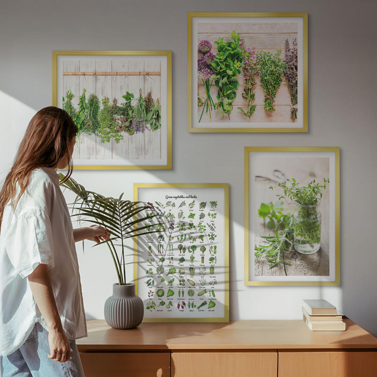 BILDER SET 4er Set - 50x50 cm & 40x60 cm Goldrahmen - Getrocknete Kräuter für die Küche - Goldfarben, Kunststoff (50/50cm) - TULUP