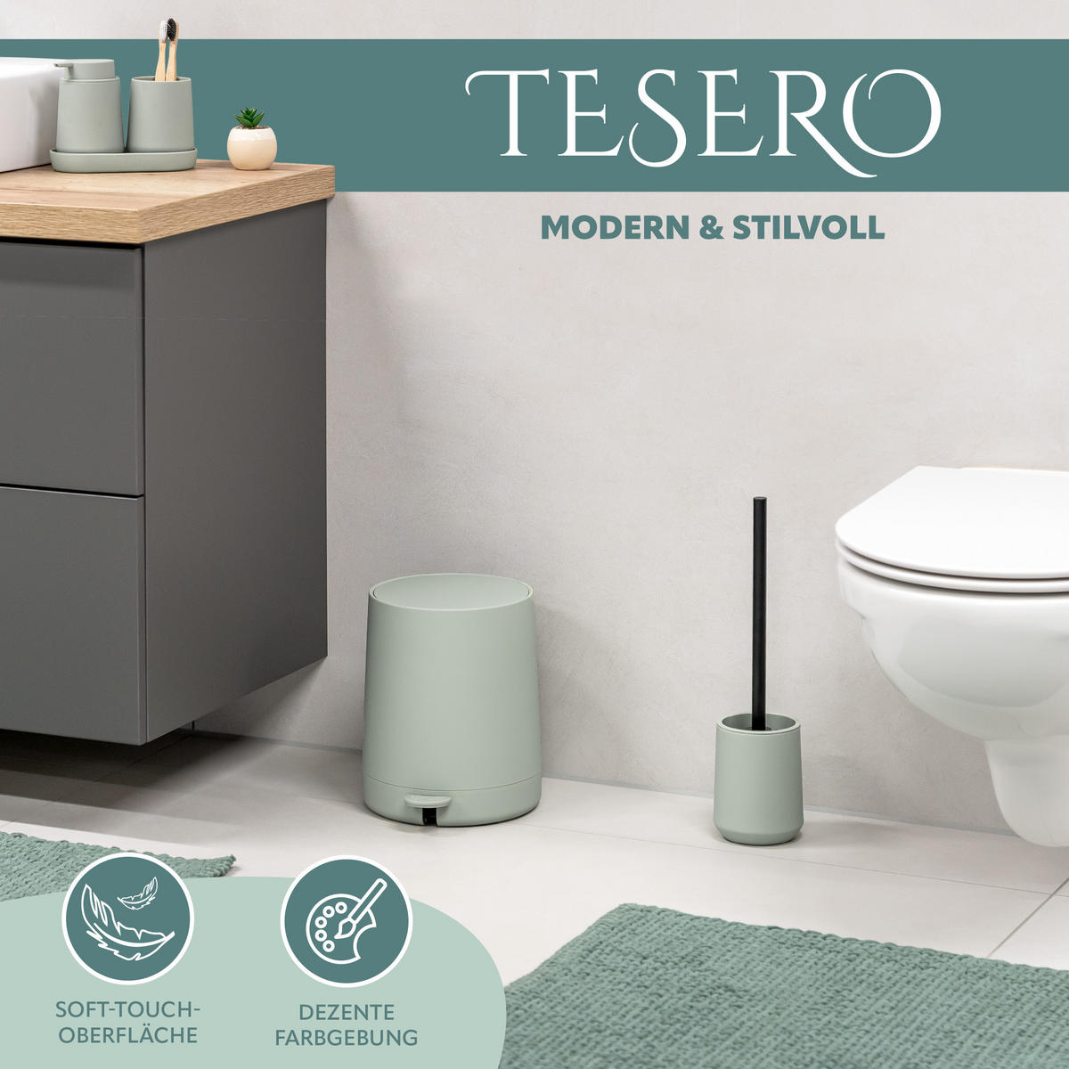 KOSMETIKEIMER TESERO, Kunststoff, salbei - Salbeigrün, Kunststoff (22.5/25.5/25cm) - eluno