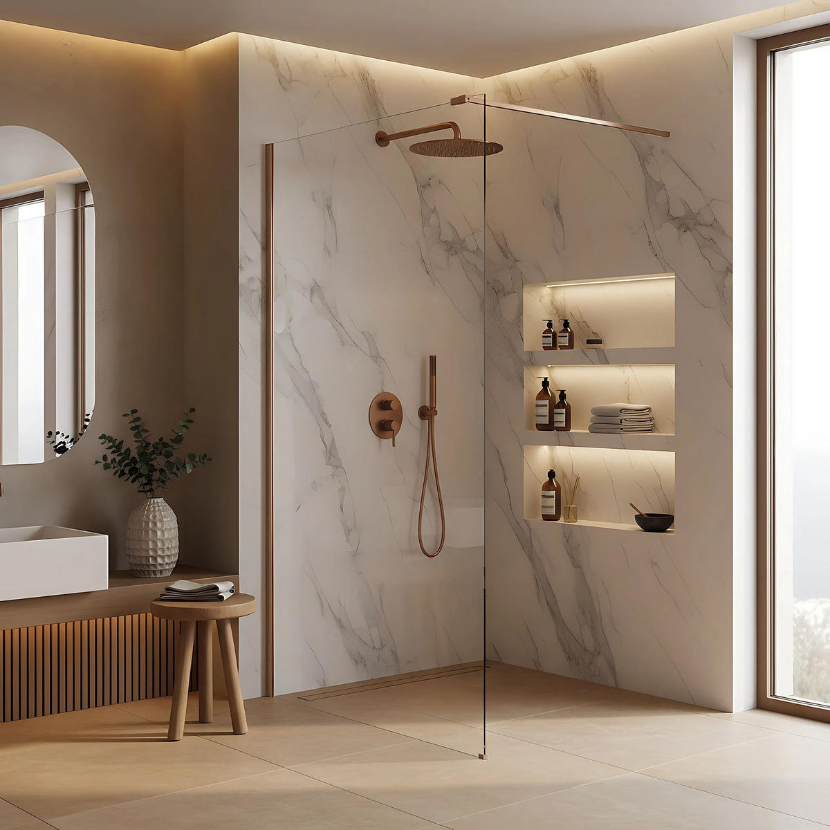 DUSCHWAND Rea Flexi Transparent / Brush Copper 80 - Kupferfarben, Glas (120/80/195cm) - REA