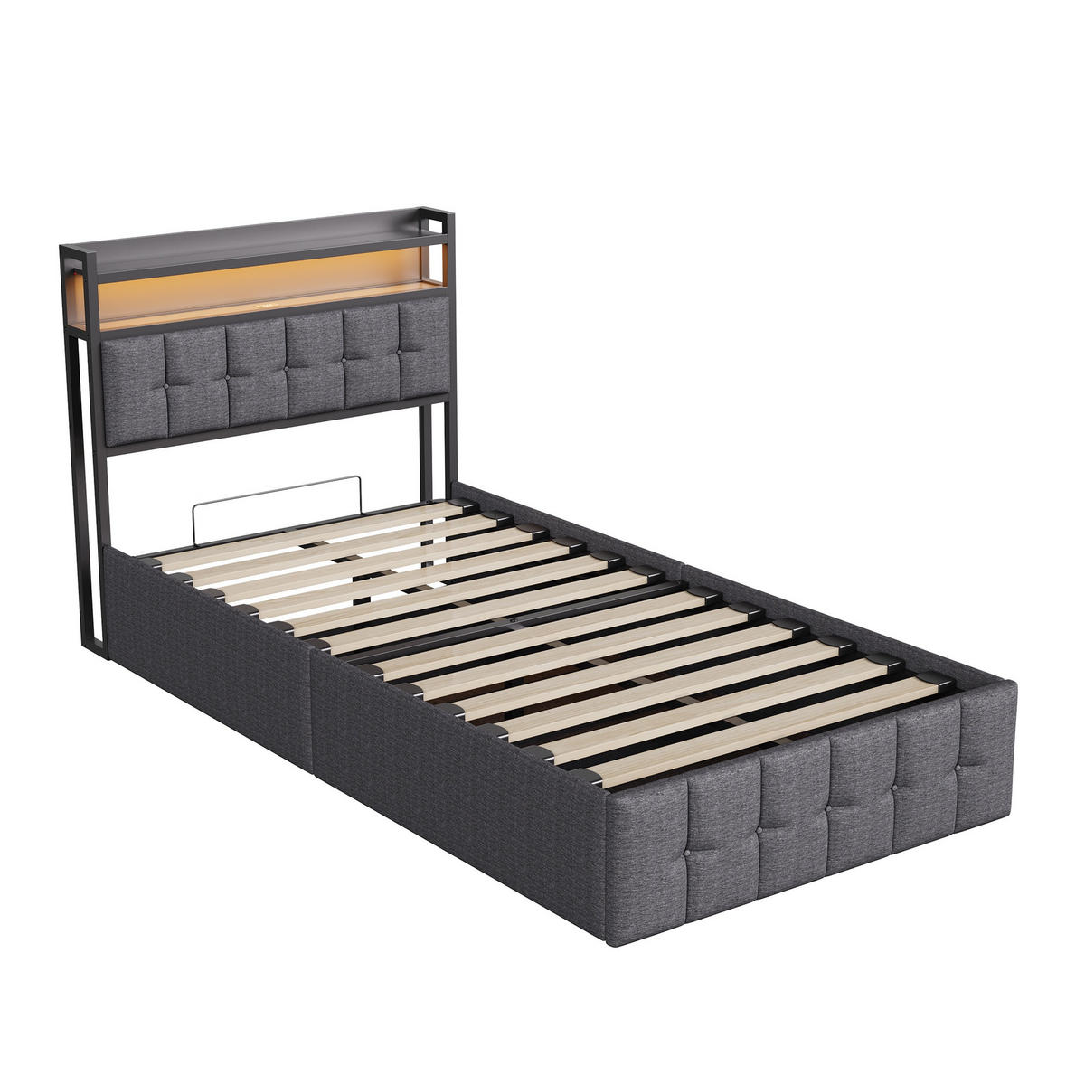 POLSTERBETT 90x200 cm Smart-Sleep Pro mit Hydraulik-Stauraum, RGB-LED & Ladestation, Leinen-Optik, Grau - Grau, Textil (90/200cm) - DELFA