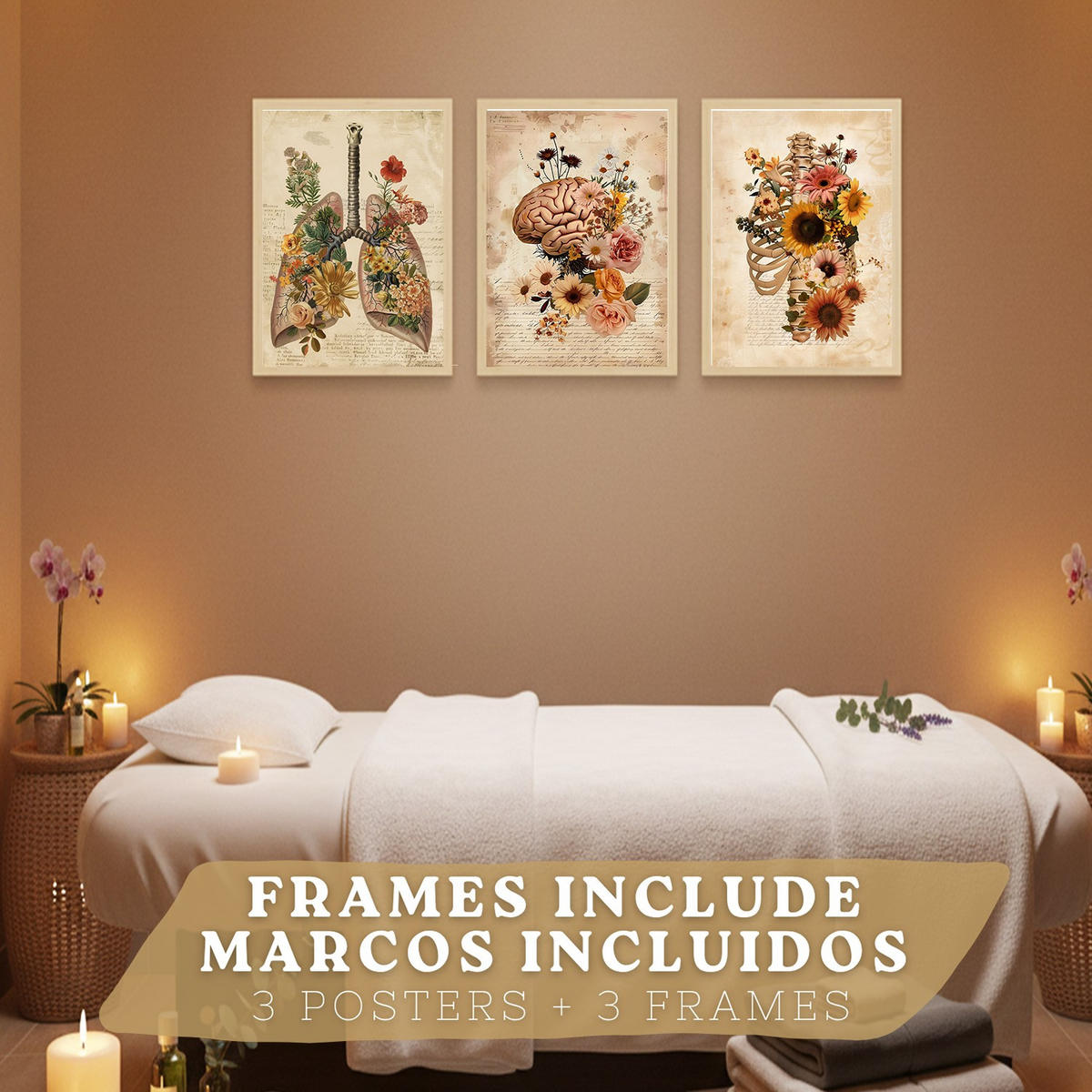 POSTER Set aus 3 Anatomie Mensch Florale Drucke und Wandbilder mit Lungen Brustkorb und Gehirn Botanischer Antiker Stil Größe Leichter Holzrahmen A3 - Beige, Papier (29.7/42/3cm) - Nacnic