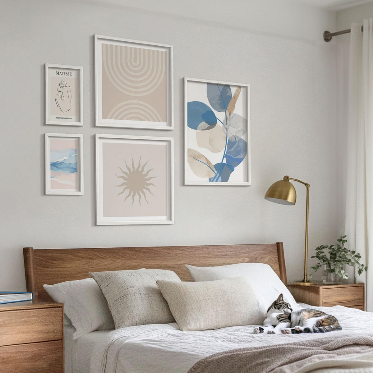 BILDER SET 5er Set - 50x50 cm & 20x30 cm & 40x60 cm Weißer Rahmen - Linien, Wellen, Pastellfarben, minimalistisch - Weiß, Kunststoff (40/60cm) - TULUP