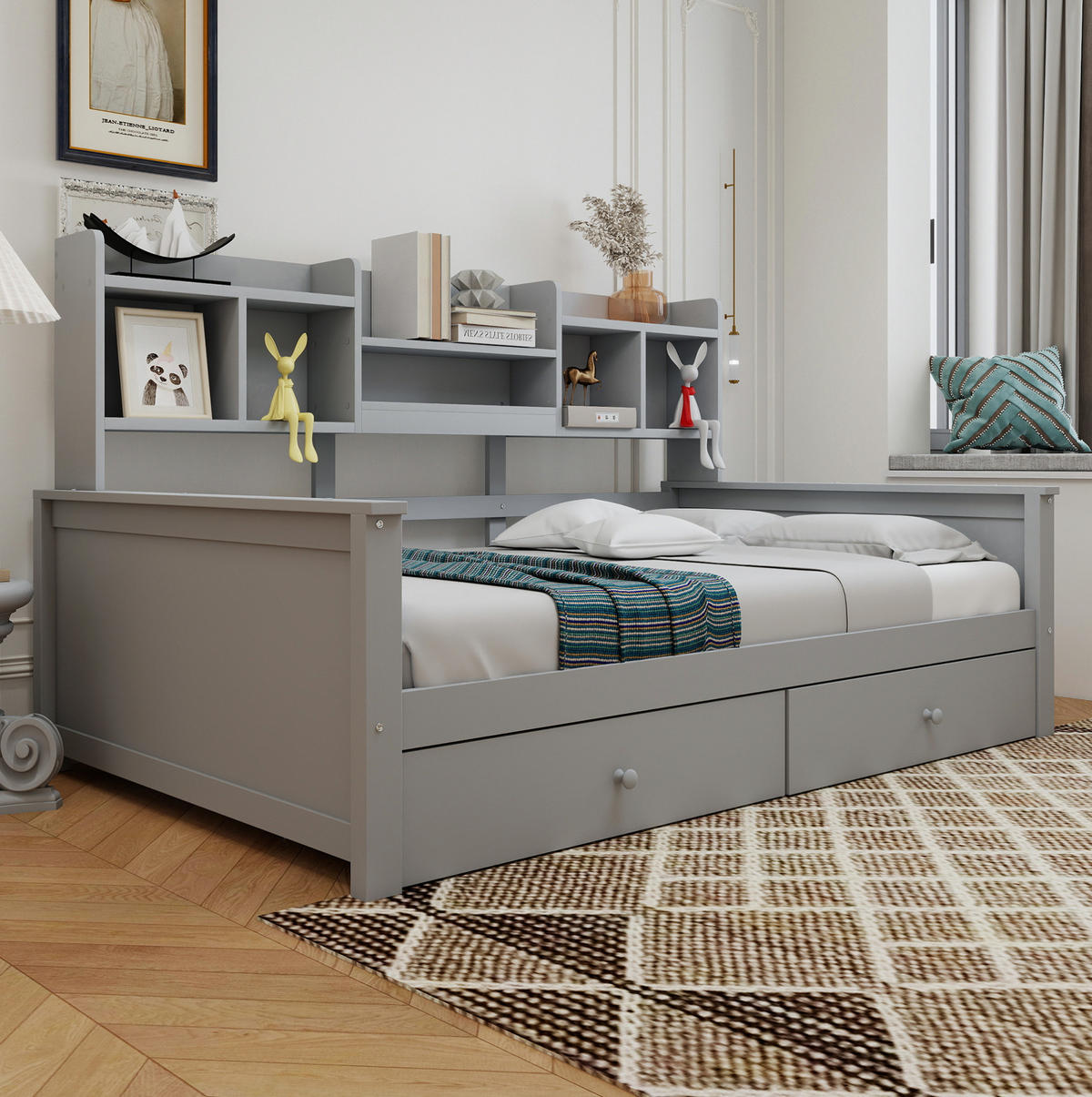 KINDEREINZELBETTEN aus Massivholz 90x200 cm in Grau mit Schubladen & Regalfächern - Grau, Holzwerkstoff (90/200cm) - Modfu