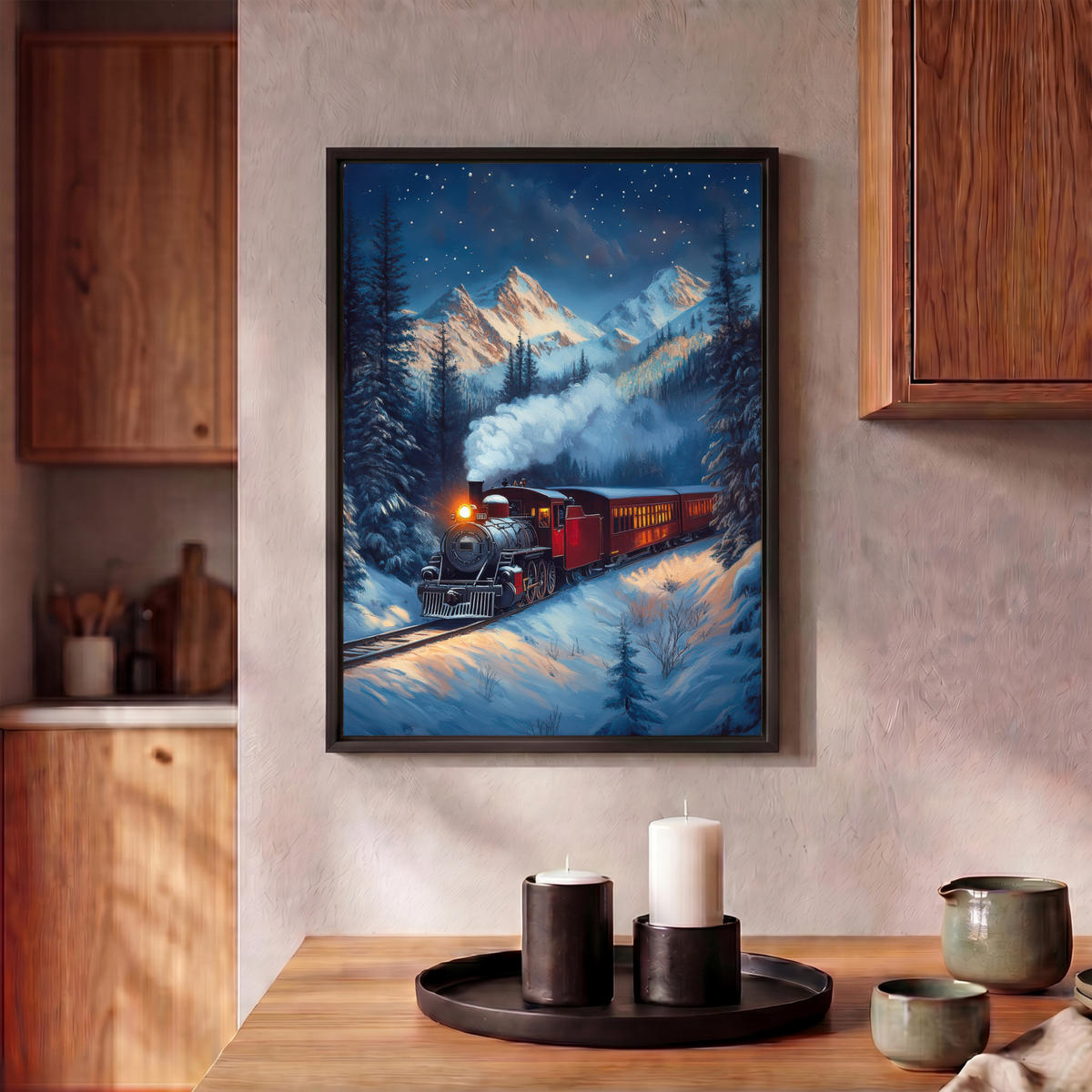 LEINWAND Bilder mit Rahmen - Zug - Weihnachten - Schnee - Weihnachtszug - 30x40 - Anthrazit, Textil (30/40cm) - MuchoWow