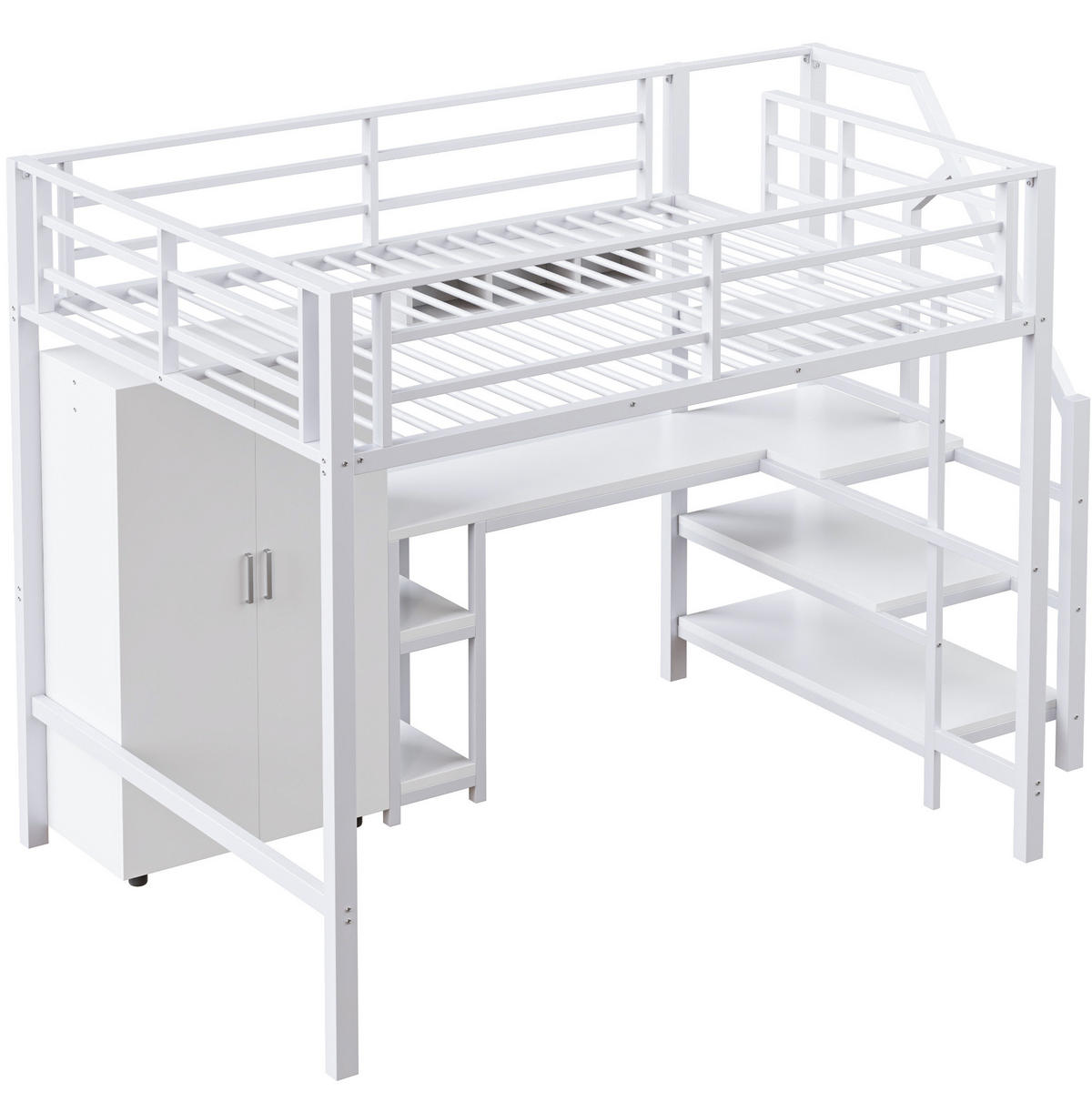 HOCHBETT 140/200 cm in Weiß mit Schreibtisch, Kleiderschrank und Regalen - Weiß, Metall (140/200cm) - Flora Grace