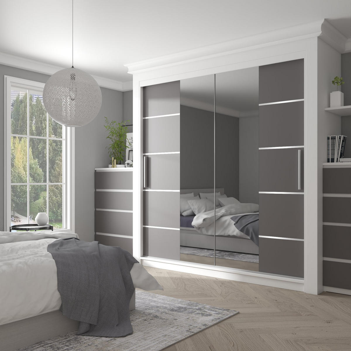 SCHWEBETÜRENSCHRANK Verona ME, Weiß/Grau Matt, 200 cm, mit Spiegel - Grau, Holz (200/216/60cm) - B BELINI GROUP