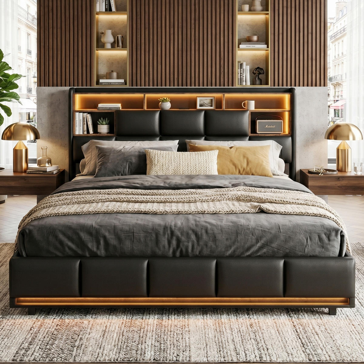 POLSTERBETT Industrial 160/200 cm mit Bettkasten & Dual-LED Kunstleder Schwarz - Schwarz, Textil (160/200cm) - Creahappy