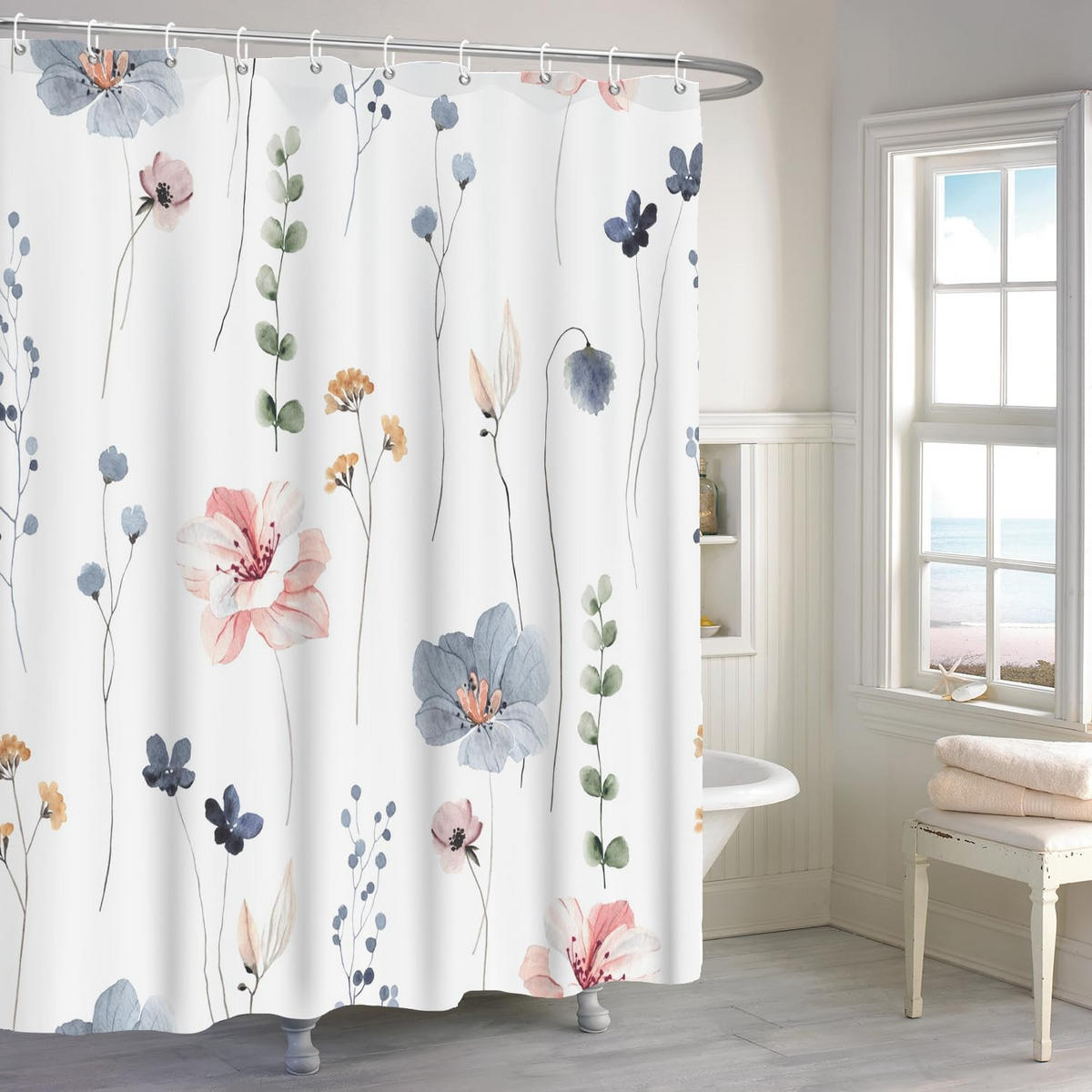 DUSCHVORHANG Blumen Muster beschwerter Saum schimmelresistent wasserabweisend waschbar Polyester fürs Badezimmer Badewanne - Weiß, Textil (200/180cm) - MCBOSON