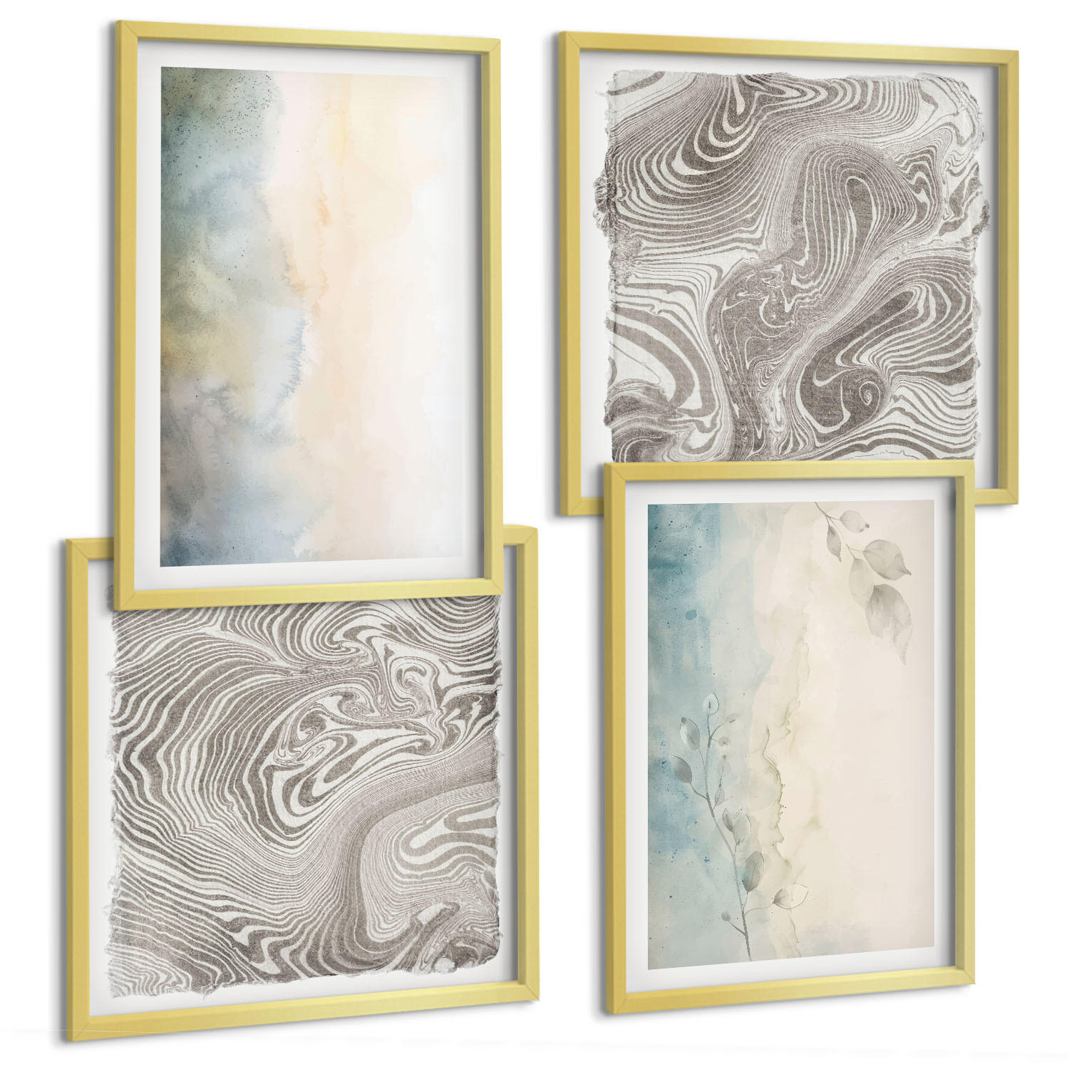BILDER SET 4er Set - 50x50 cm & 40x60 cm Goldrahmen - Zarte Aquarellkartons - Goldfarben, Kunststoff (50/50cm) - TULUP