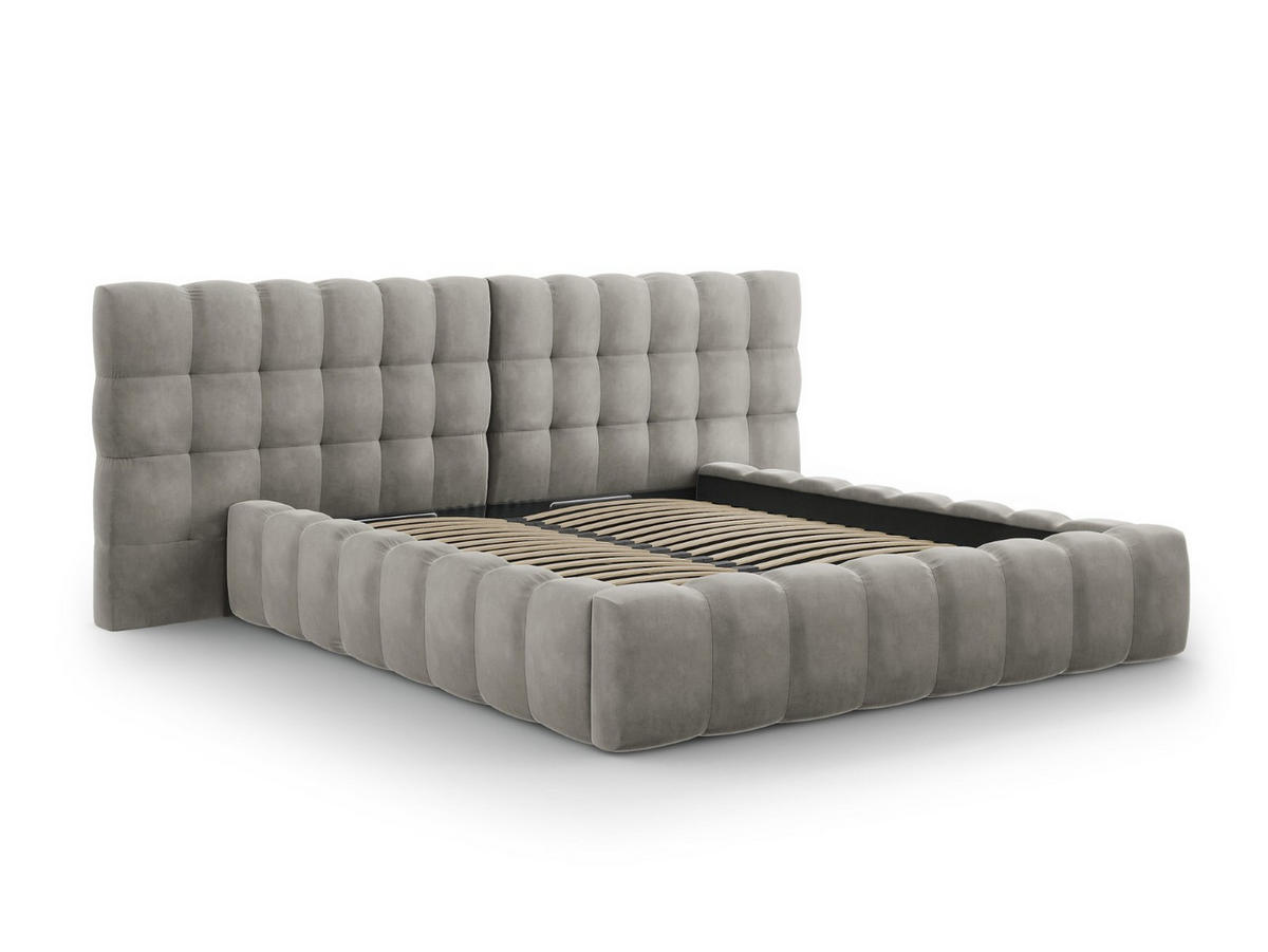 BETT mit Bettkasten und Doppelkopfteil Mamaia aus Samt hellgrau 180x200cm - Hellgrau, Textil (180/200cm) - Micadoni