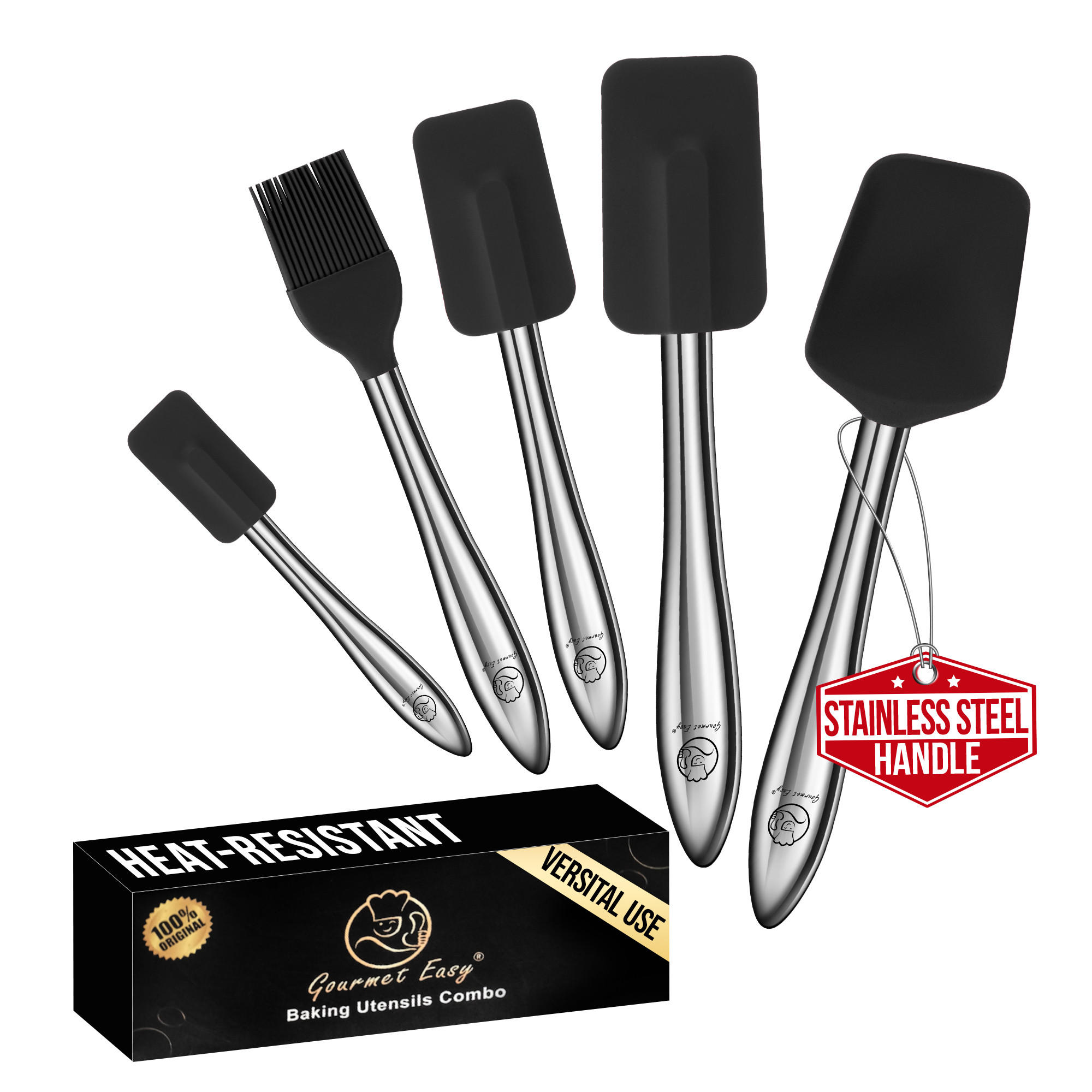 SILIKON-SPATEL-SET 5-teilig, schwarze Küchenhelfer, hitzebeständig mit Teigschaber & Pinsel - Schwarz, Metall - Gourmet Easy