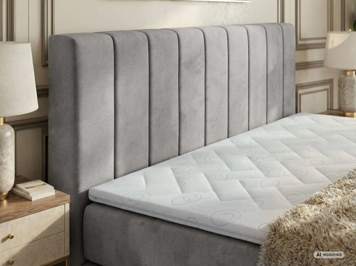 BOXSPRINGBETT ALVER KING 200/200 - Hellgrau Velvet - Topper T25 - H3 - Hellgrau/Schwarz, Kunststoff/Textil (200/200cm) - MKS