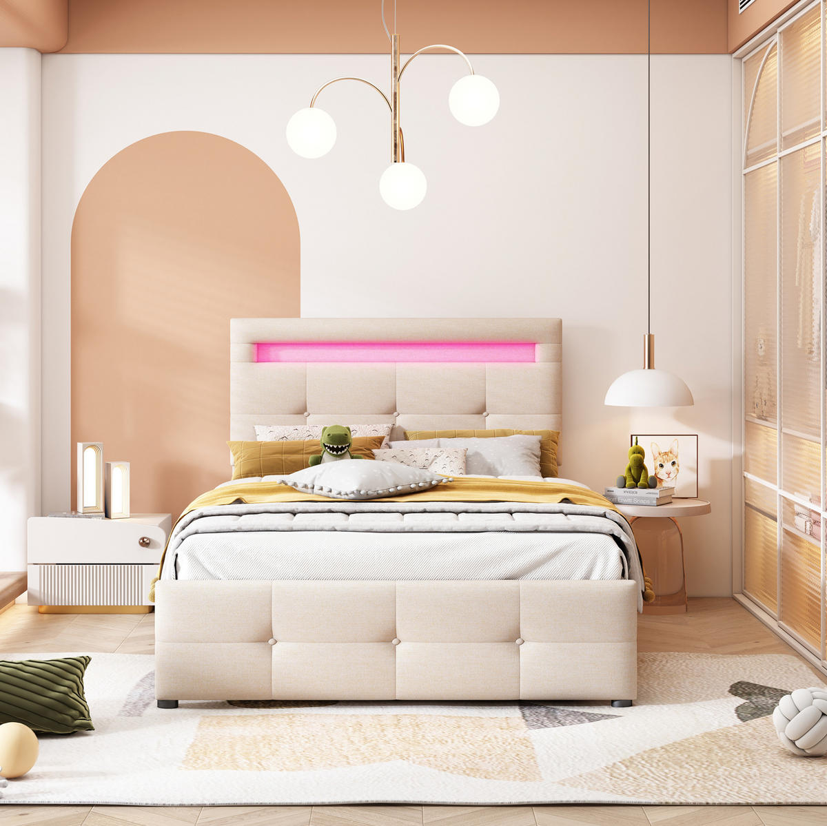 POLSTERBETT mit LED-Beleuchtung 90/200 cm in Beige mit 2 Schubladen - Beige, Holzwerkstoff (90/200cm) - BEAOK