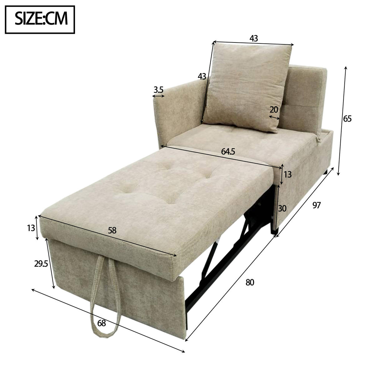SCHLAFSOFA 3-in-1 Leinenstoff mit 5-fach verstellbarer Rückenlehne Beige 177/68/65 cm - Beige, Textil (68/65/177cm) - Redom