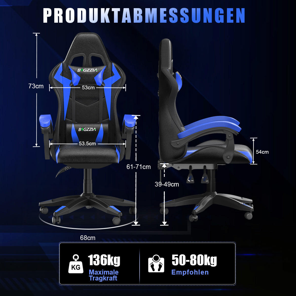 GAMING-STUHL LED, höhenverstellbar, Lenden- & Kopfstütze – Schwarz/Blau - Blau, Leder (53.5/117/54cm) - Rattantree