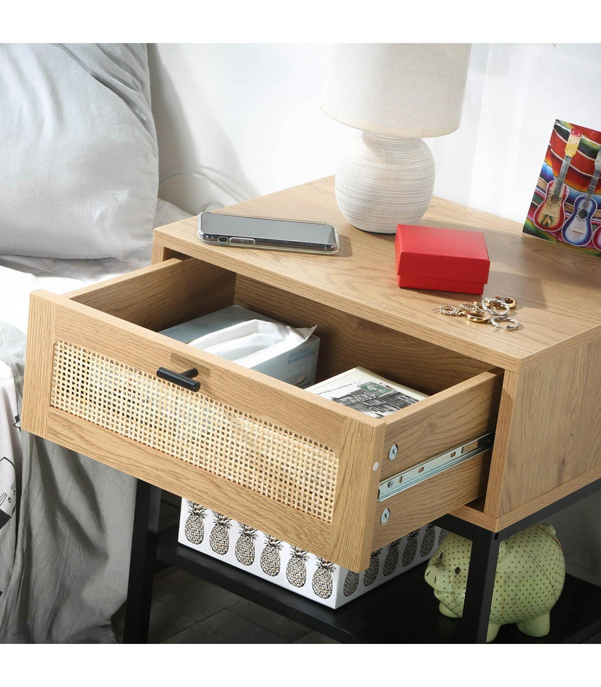 NACHTTISCH mit Rattanfront, Schublade und einem Regal H50 cm - JAYA - Apfelbaumfarben, Holzwerkstoff (35/50/45cm) - Calicosy