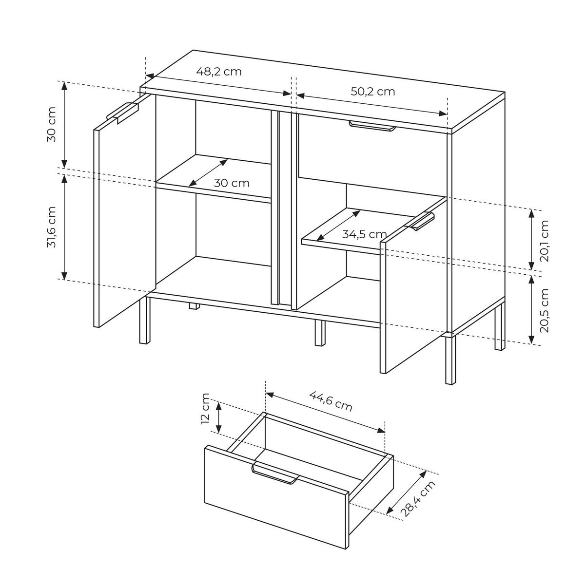 SIDEBOARD Catanian 2T 1S Grau 103,3/81,4/39,5 cm – mit goldenen Griffen und schwarzen Beinen - Schwarz/Grau, Holzwerkstoff/Metall (103.3/81.4/39.5cm) - AX Living