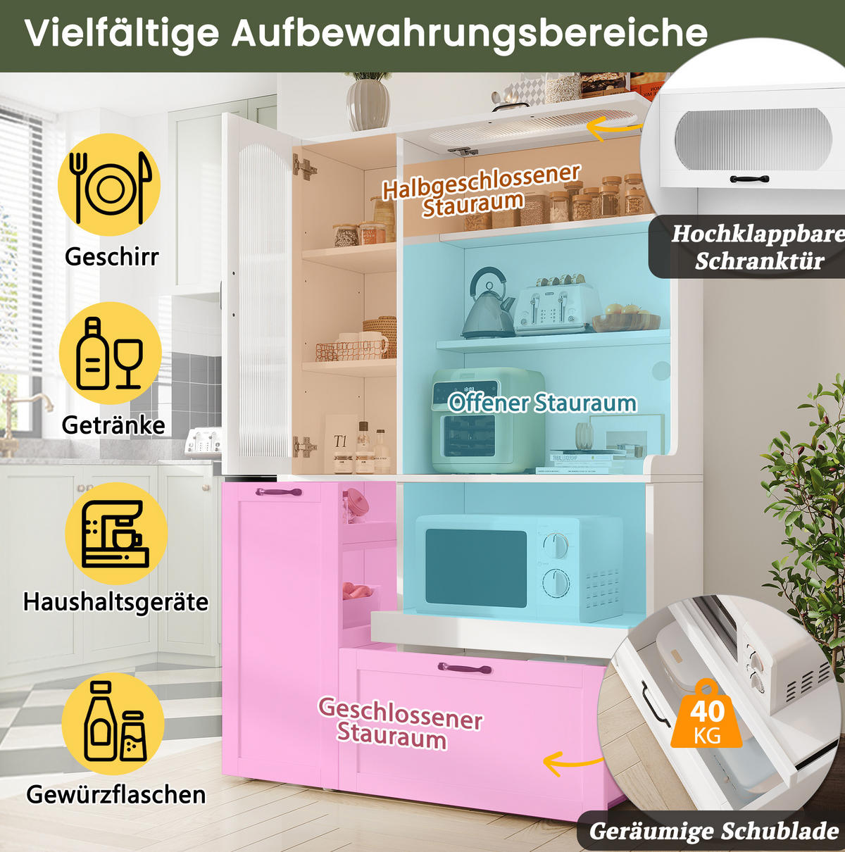 HIGHBOARD 98/40/177 cm aus MDF mit verstellbaren Einlegeböden, Schublade, Ausziehfläche und Riffelglas, Weiß - Weiß, Holzwerkstoff (98/177/40cm) - Redom