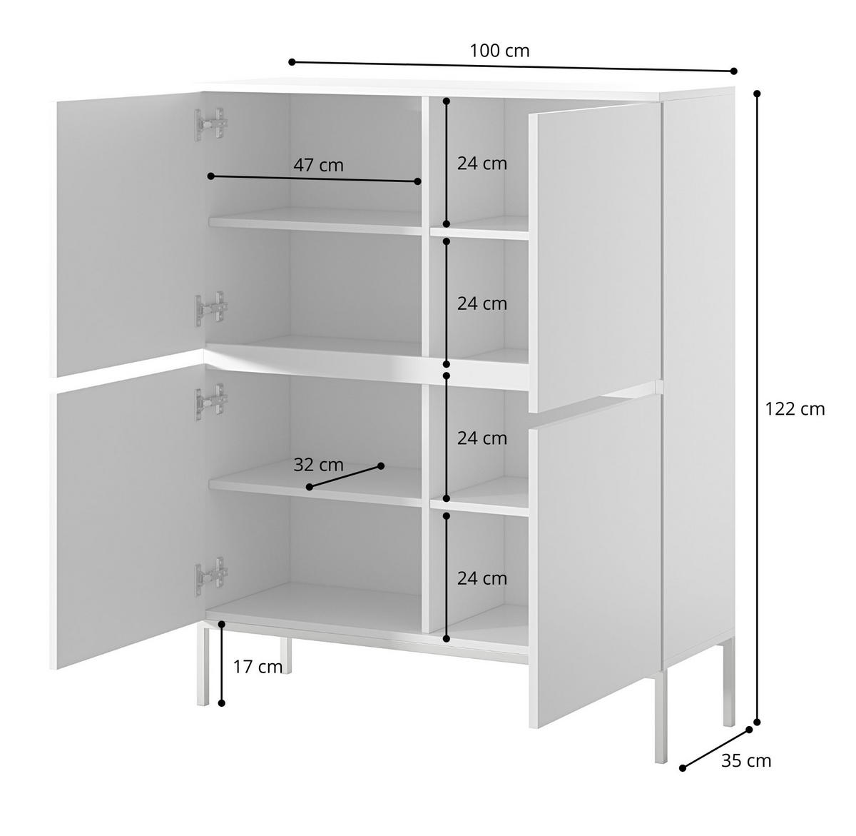 HIGHBOARD Bemmi Weiß mit schwarzen Beinen Hochkommode 4-türig 100 cm - Schwarz/Weiß, Holzwerkstoff/Metall (100/122/35cm) - Selsey