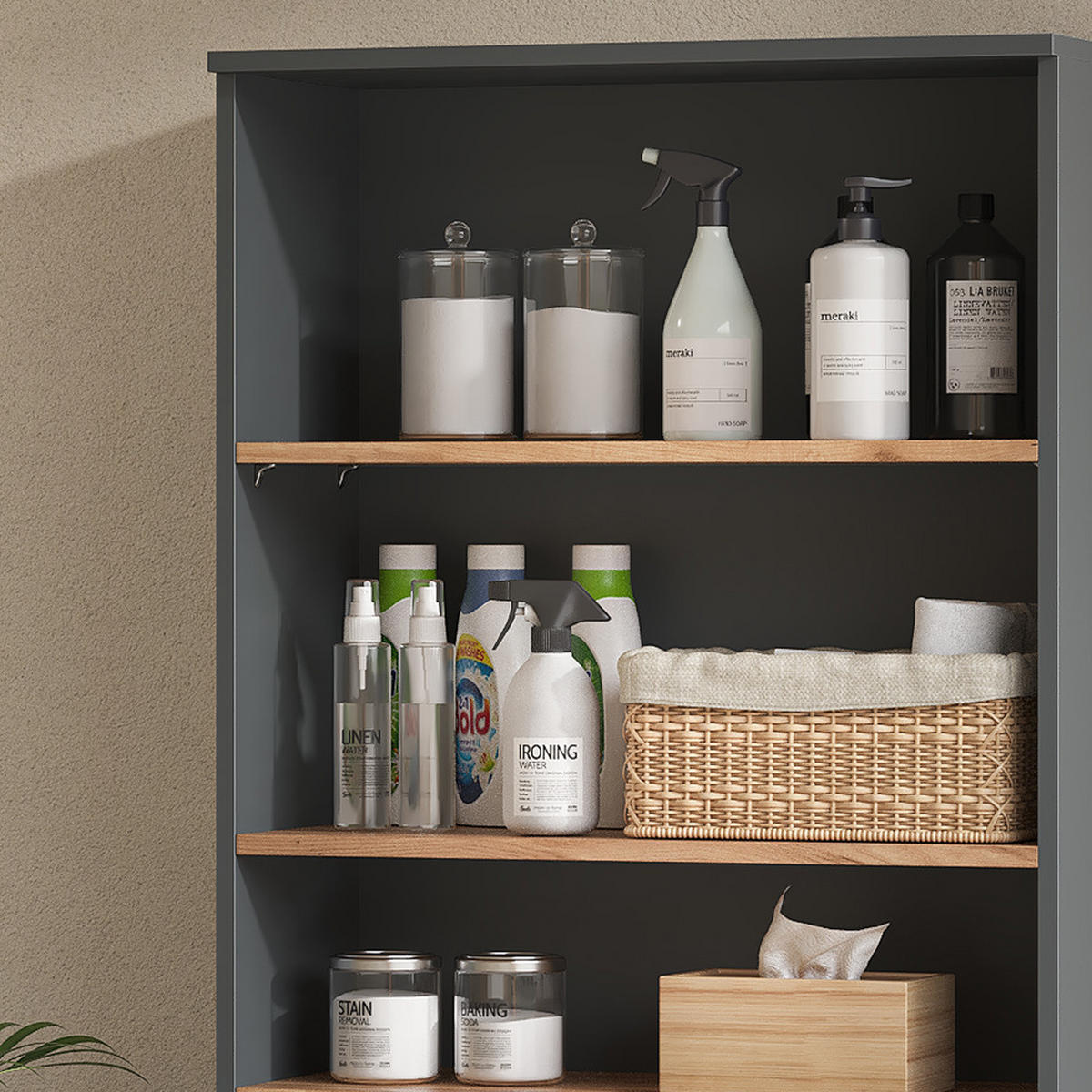 BADSCHRANK Viktor Anthrazit/Goldkraft Eiche 68 x 100.4 cm mit offenen Regalen - Honigeiche/Anthrazit, Holzwerkstoff (68/100.4/29cm) - Vicco