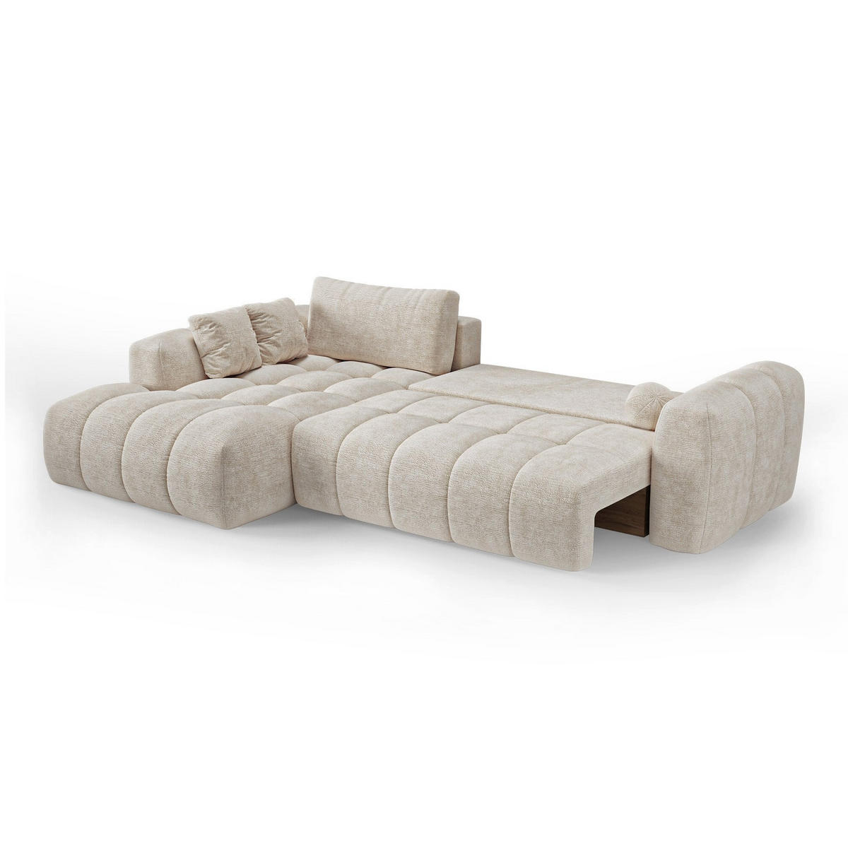 LINKSECK-SCHLAFSOFA mit Stauraum SKY Geprägter Samt Creme 310cm - Creme, Textil (310/180cm) - Premium Interiors