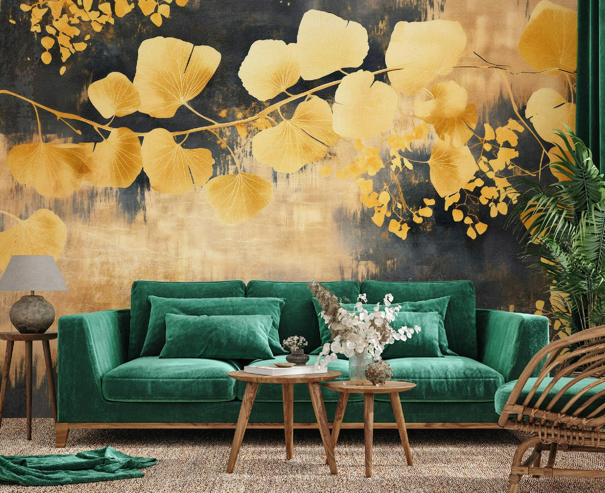 FOTOTAPETE Blätter Abstrakt Golden 254x184 cm - Multicolor, Textil (254/184cm) - Wallarena