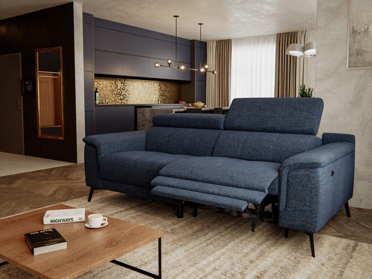 RELAXSOFA FIERO 3-Sitzer mit 1 Relaxfunktion, dunkelblau - Schwarz/Dunkelblau, Holzwerkstoff/Textil (212/82/103cm) - Courtois Laville