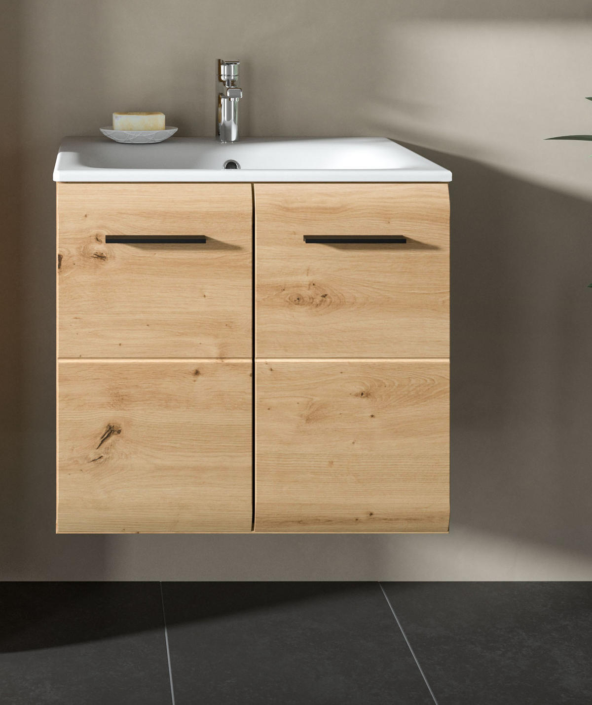 WASCHTISCH Eiche Artisan, Set Waschbeckenunterschrank hängend mit Waschbecken, Breite 60 cm - Schwarz/Eiche Artisan, Keramik/Holzwerkstoff (60/55/46cm) - Inn.Furn