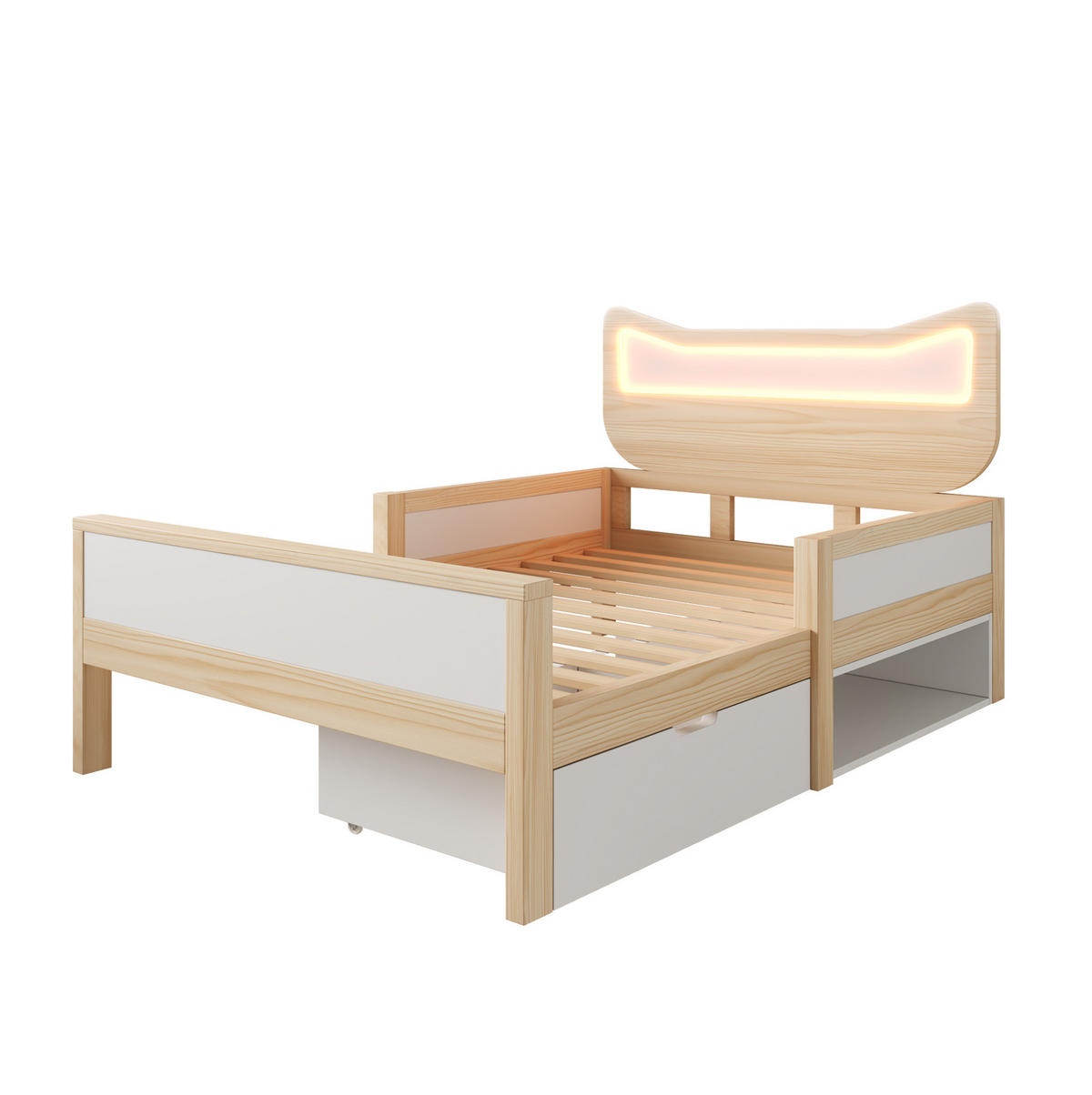 KINDERBETT 90/200 cm mit RGB-LED, Schutzgitter, Lattenrost und Schublade mit Staufach, Weiß/Eiche - Weiß, Holzwerkstoff (90/200cm) - Redom