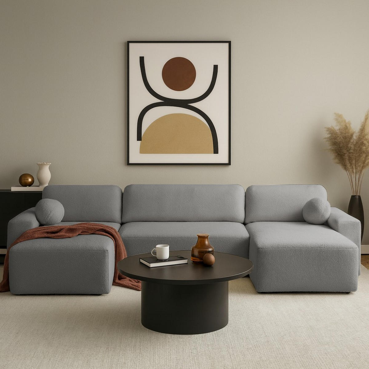 WOHNLANDSCHAFT Noel mit Schlaffunktion, Dunkelgrau, Bouclé-Stoff - Dunkelgrau, Holzwerkstoff (375/93/163cm) - Beautysofa