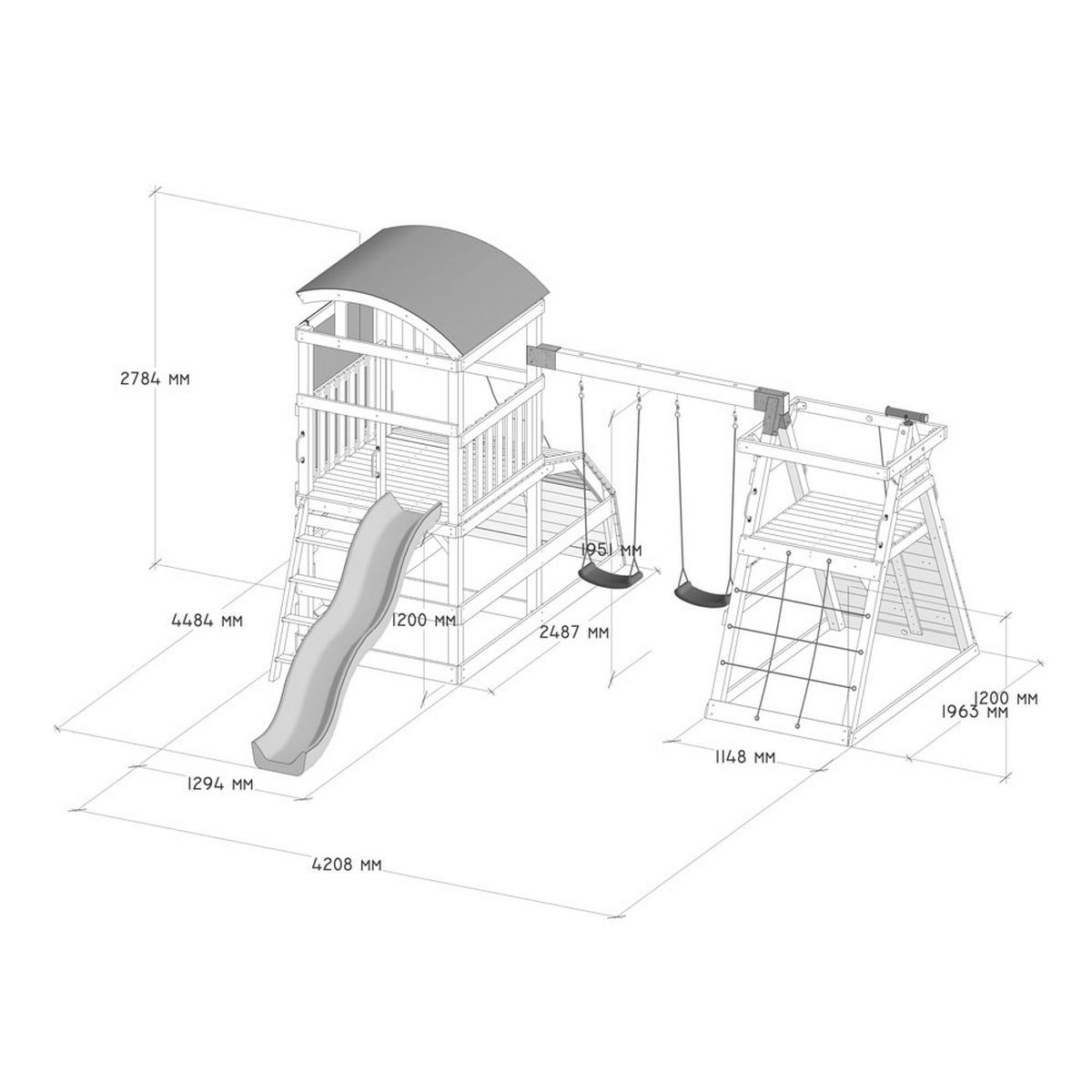 SPIELTURM MIT DOPPELSCHAUKEL NIA - Größe: 420 x 280 cm - Nussbaumfarben, Holz (421/280/449cm) - Home Deluxe