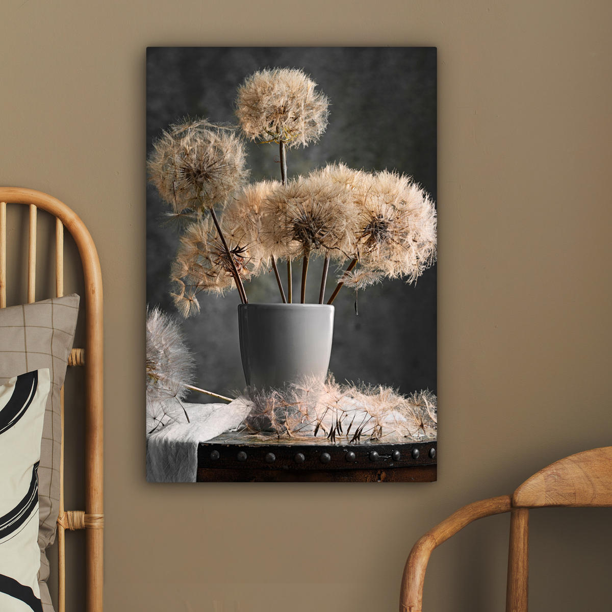 LEINWANDBILD Blumensamen - Löwenzahn - Vase - Stilleben - Blumenstrauß 40x60 cm - Dunkelgrau, Textil (40/60cm) - MuchoWow