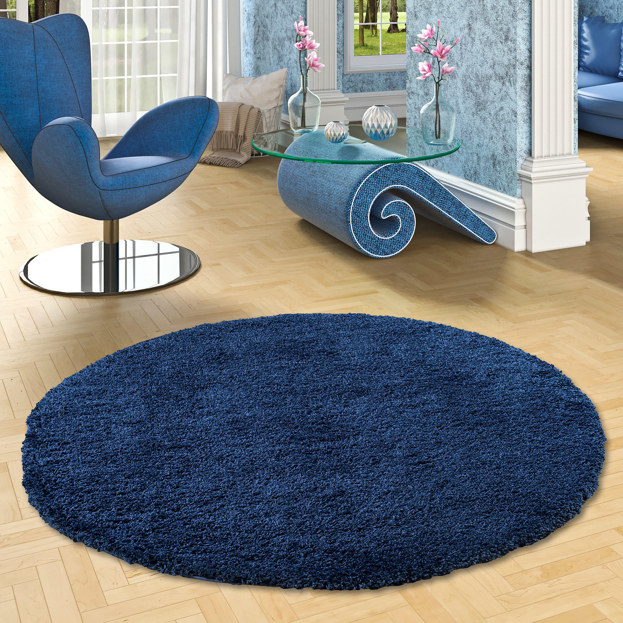 HOCHFLOR LANGFLOR SHAGGY TEPPICH LUXURY RUND - Dunkelblau, Textil (150/150cm) - Pergamon