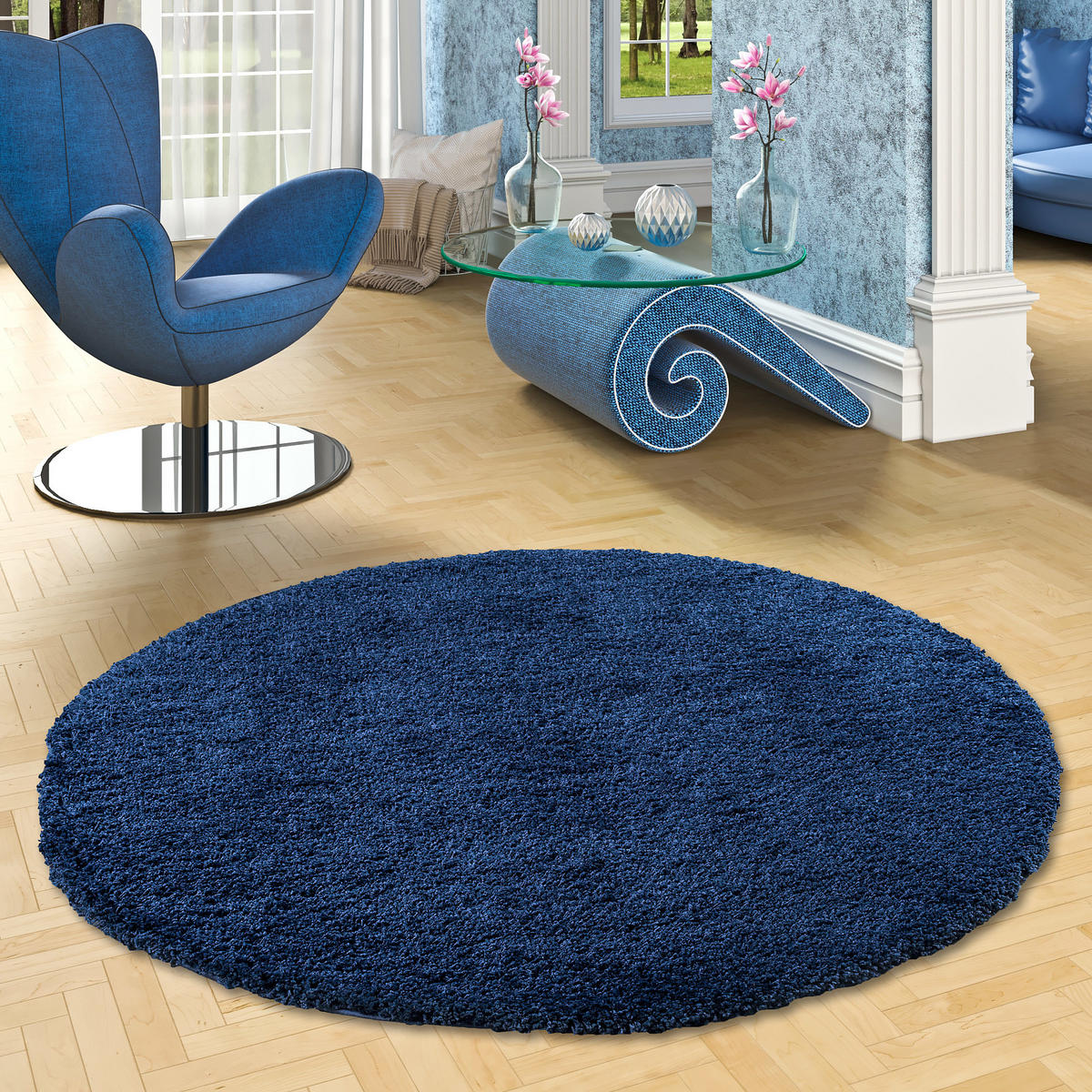 HOCHFLOR LANGFLOR SHAGGY TEPPICH LUXURY RUND - Dunkelblau, Textil (80/80cm) - Pergamon