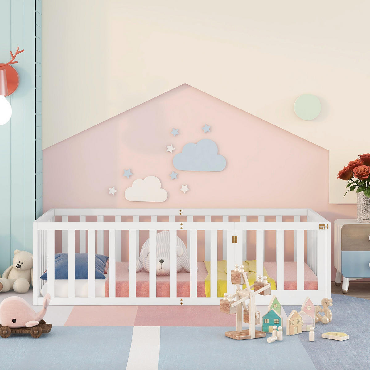 KINDERBETT 90/200 cm Weiß aus Kiefernholz mit Zaun und Tür - Weiß, Holz (90/200cm) - OKWISH