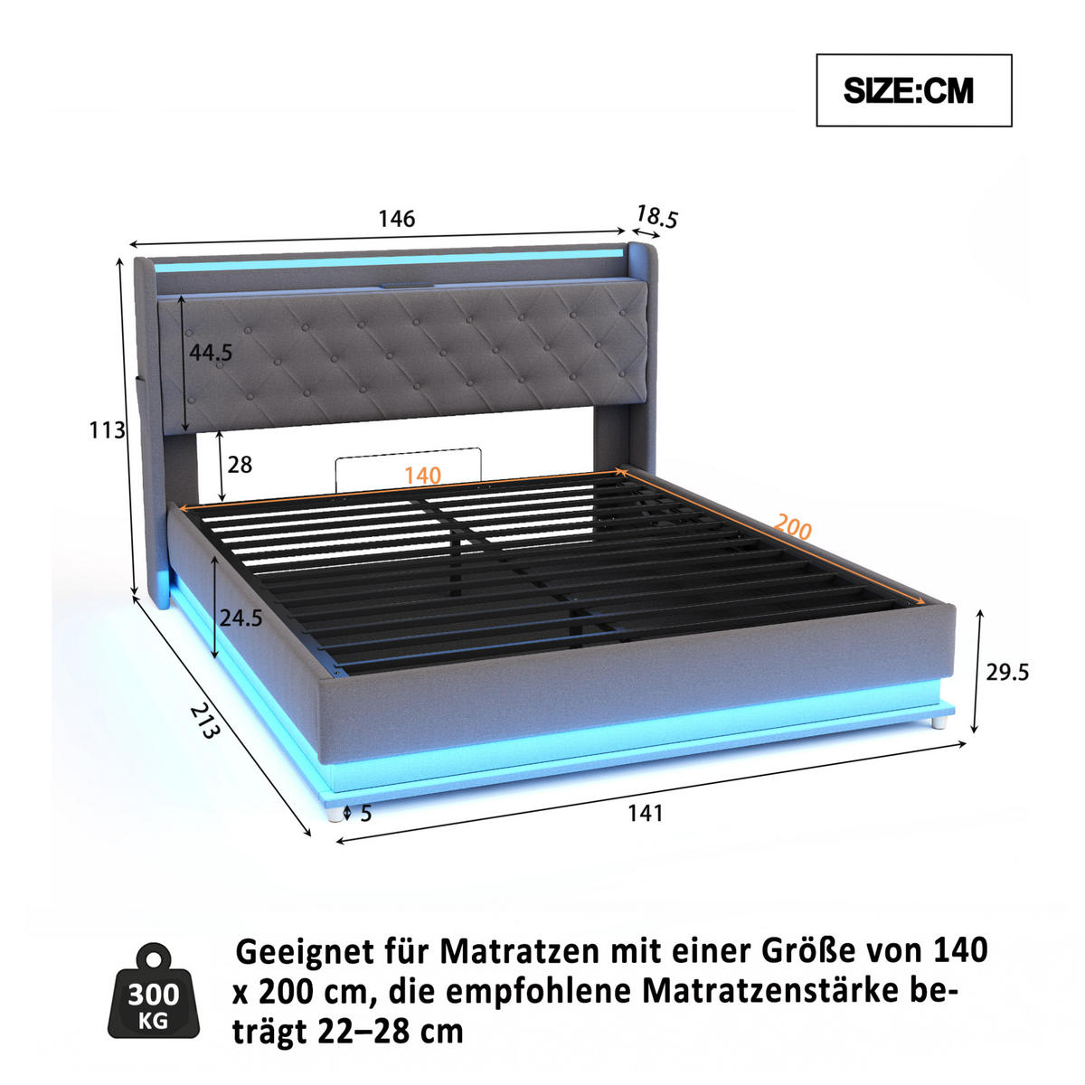 ČALÚNENÁ posteľ z látky 140x200 cm sivá s LED osvetlením, USB portom a hydraulickým úložným priestorom - sivá, textil (140/200cm) - Modfu