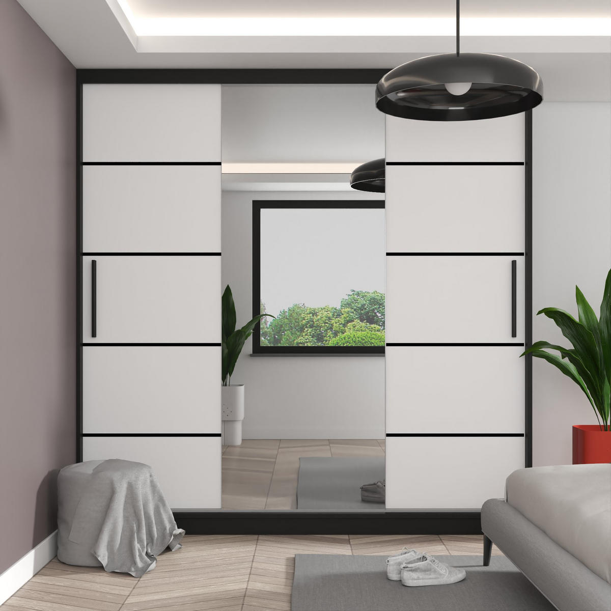 SCHWEBETÜRENSCHRANK Verona MT, Schwarz/Weiß Matt, 200 cm, mit Spiegel - Weiß, Holz (200/216/60cm) - B BELINI GROUP