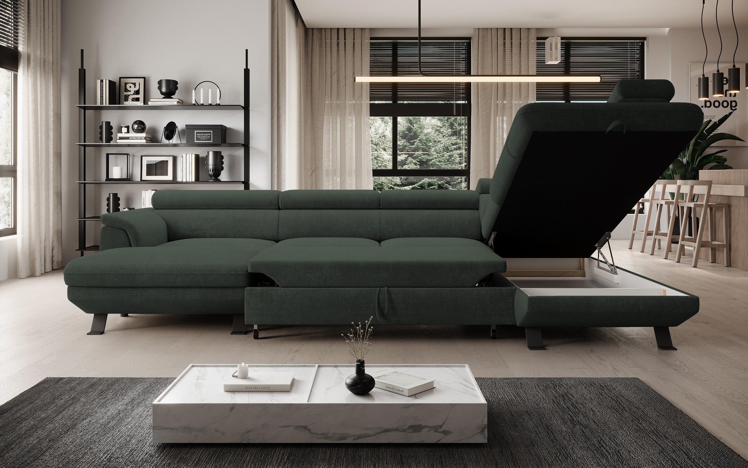 ECKSCHLAFSOFA Raven XL, Verstellbaren Kopfstützen, Bettkasten, Großes Sofa 334x198x162cm Rechte, Wald - Waldgrün, Holz/Textil (334/198cm) - DomoHome