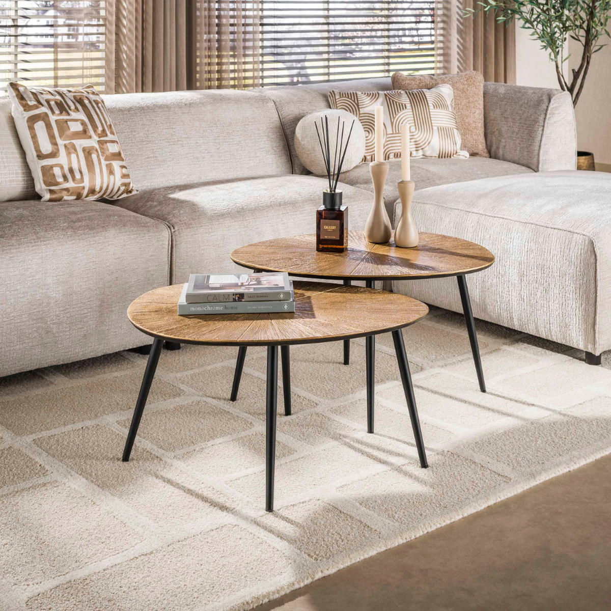 COUCHTISCH-SET SILVIO RAGGIO Organische Satztische mit Strahlenmuster in Antikgold - Goldfarben, Holz (56/71/40cm) - alesvelt