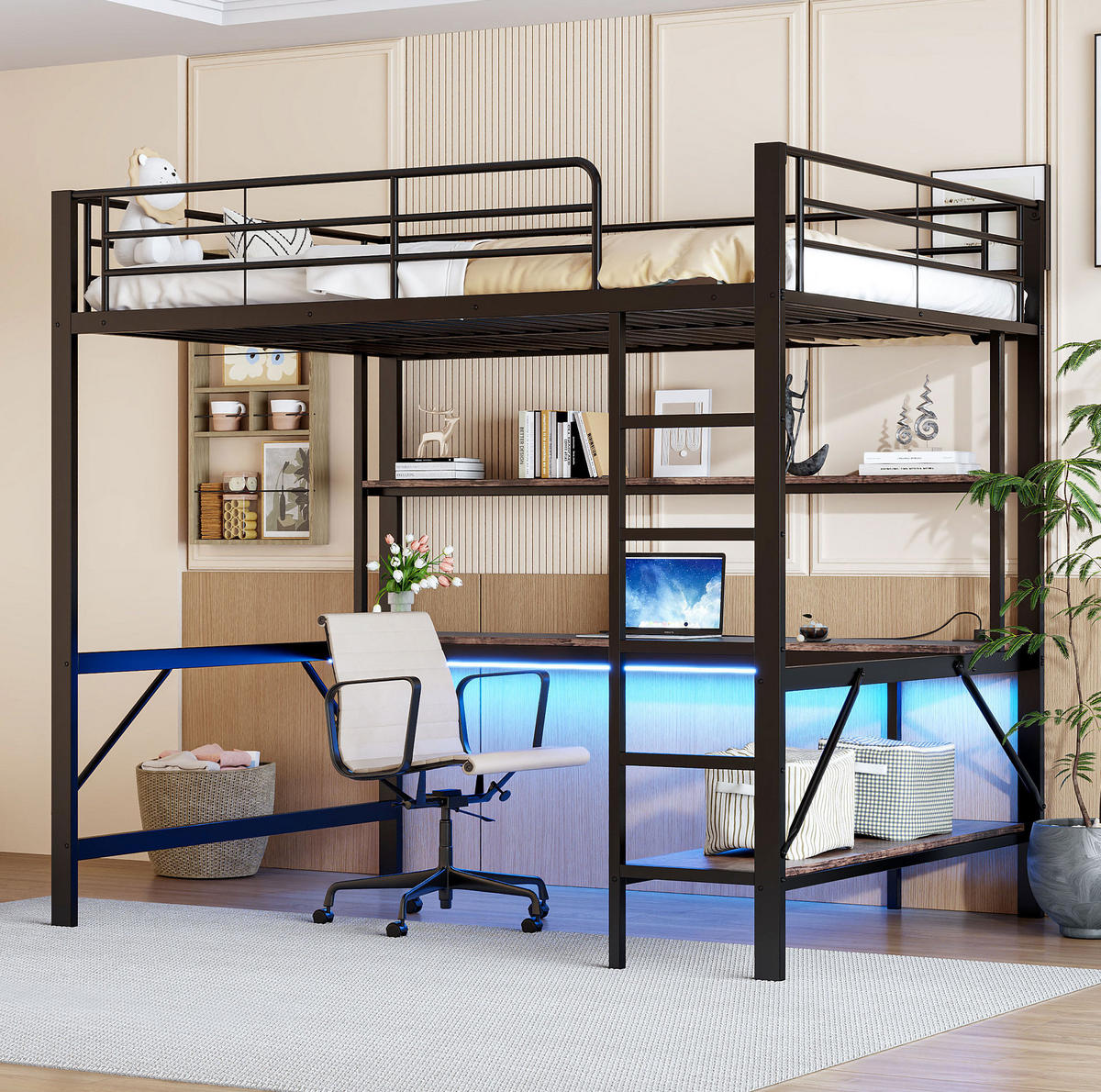 HOCHBETT 140/200 cm Schwarz aus Metall mit Schreibtisch - Schwarz, Metall (140/200cm) - OKMYHOME