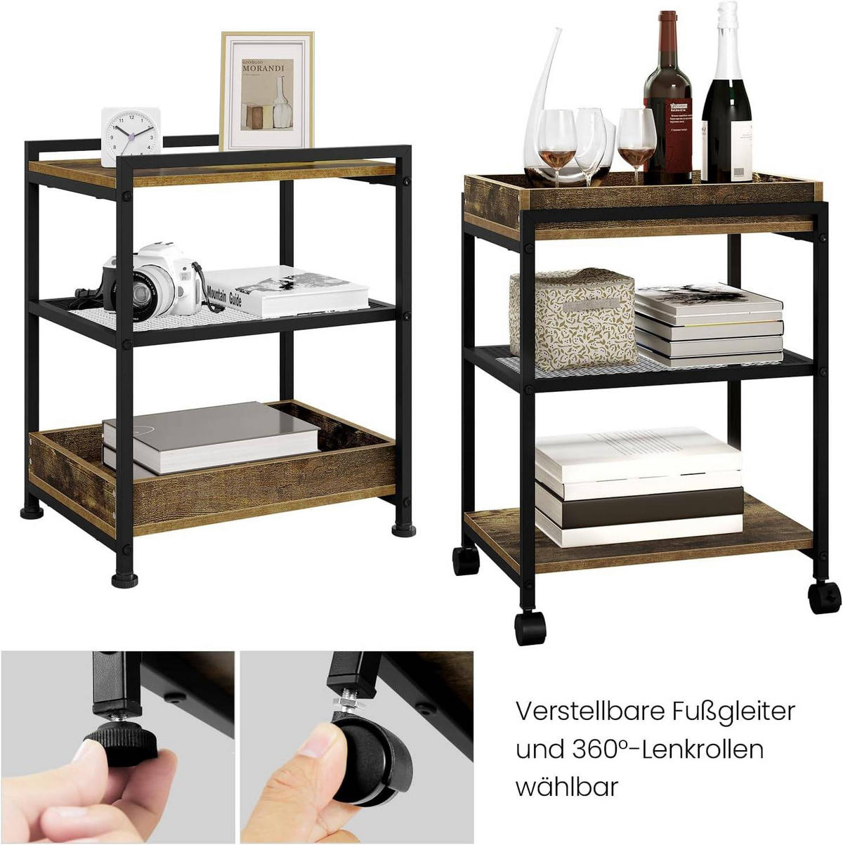 BEISTELLTISCH, mit Rollen, 3 Ablagen 1 abnehmbares Tablett - Dunkelbraun/Schwarz, Holzwerkstoff/Metall (28.5/41.5/51.5cm) - Woltu