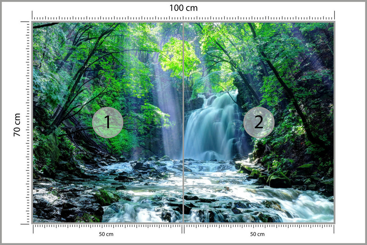 FOTOTAPETE für Schlafzimmer Wasserfall Wald Felsen Bäume Pflanzen 100x70 - Türkis/Blau, Papier (100/70cm) - Muralo