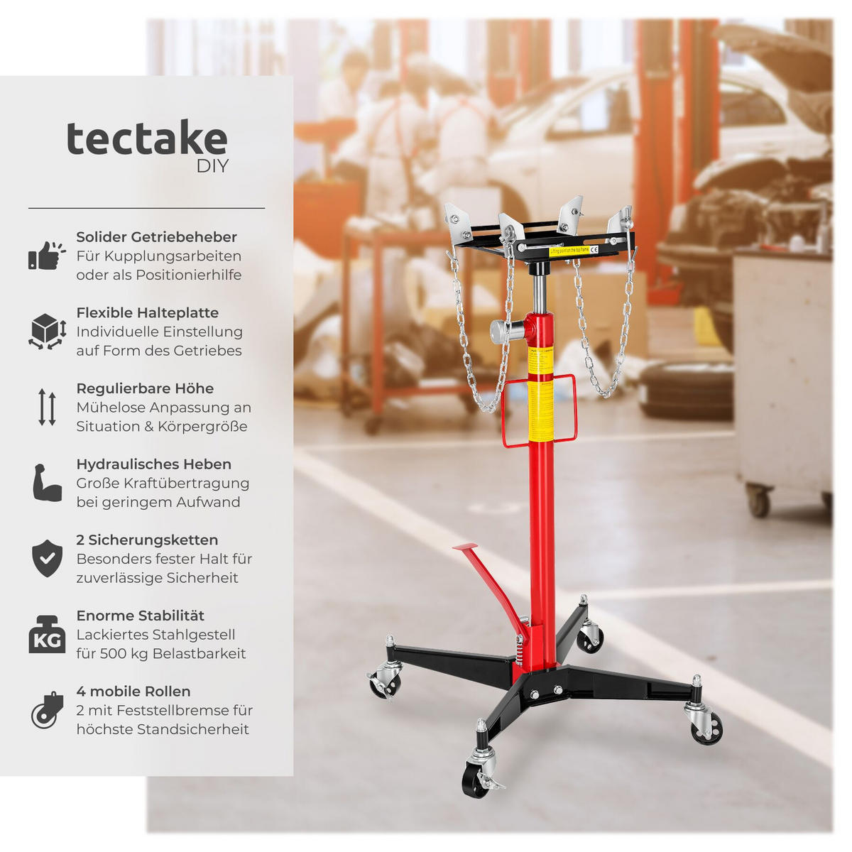 GETRIEBEHEBER , Standfestes Fußkreuz mit 4 Lenkrollen, rot - Rot, Metall (84/84/122cm) - tectake