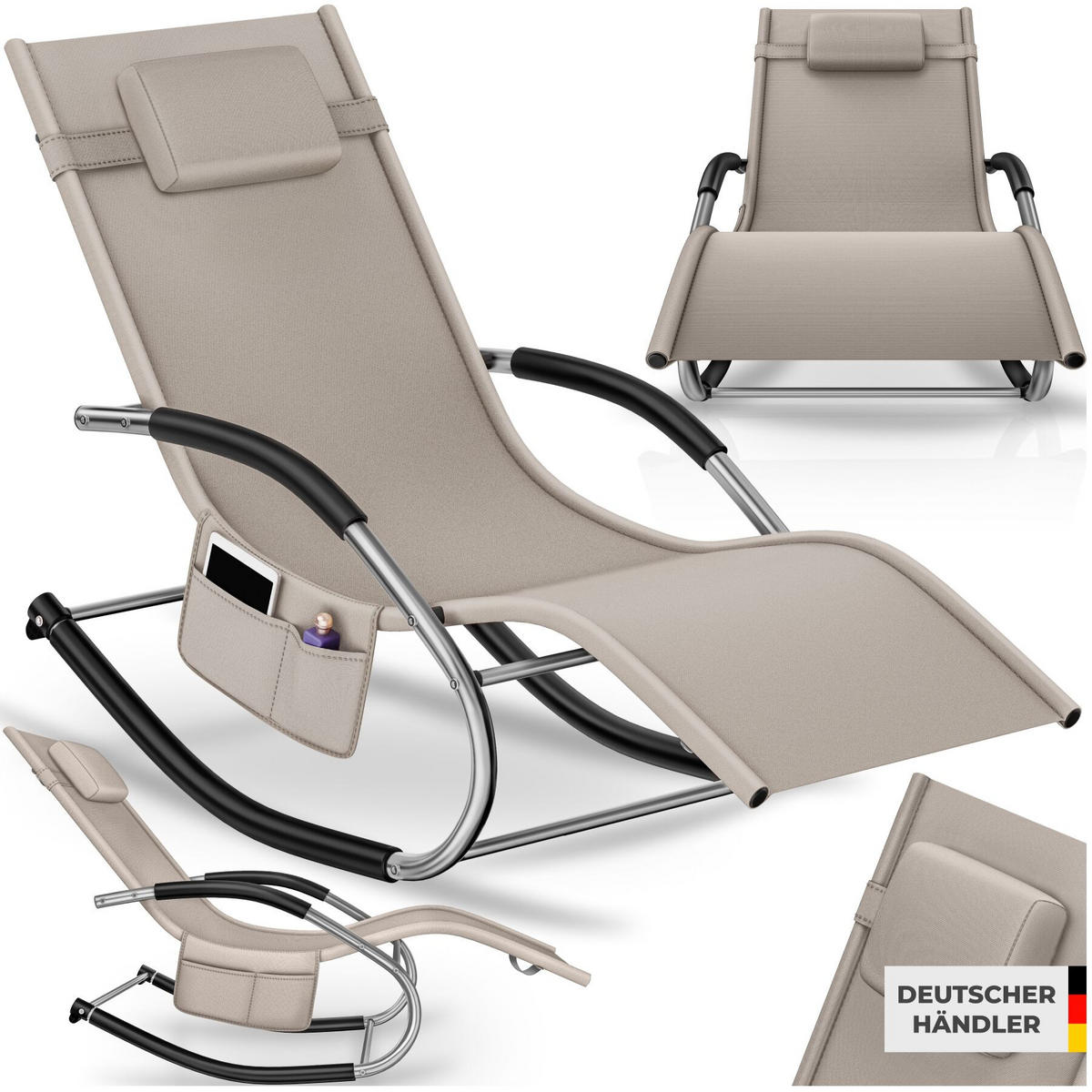 GARTENLIEGE Taya, abnehmbares Kopfpolster, seitliche Aufbewahrungstasche, beige - Beige, Kunststoff (62/92/142cm) - tectake