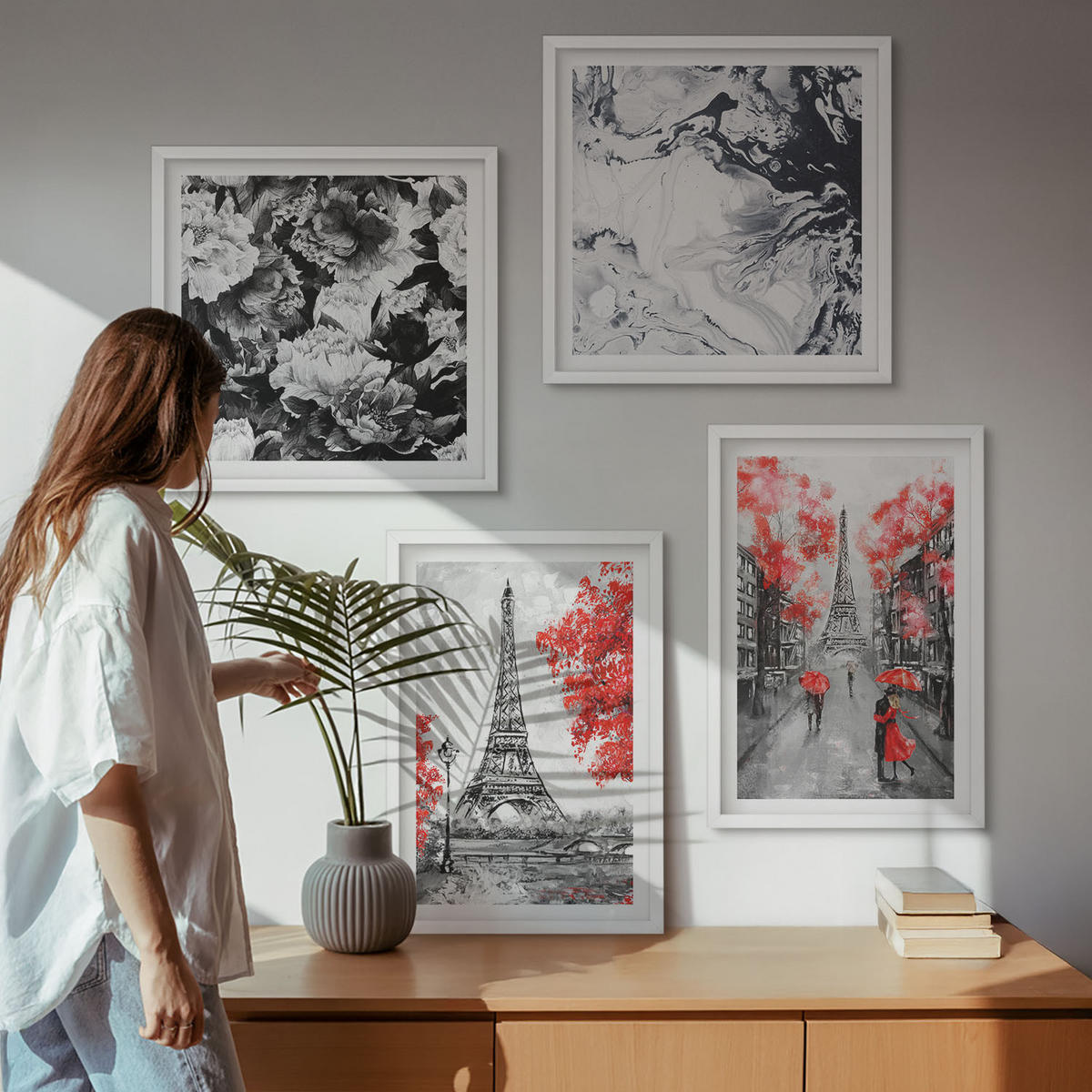 BILDER SET 4er Set - 50x50 cm & 40x60 cm Weißer Rahmen - graue Gemälde des Eiffelturms - Weiß, Kunststoff (50/50cm) - TULUP