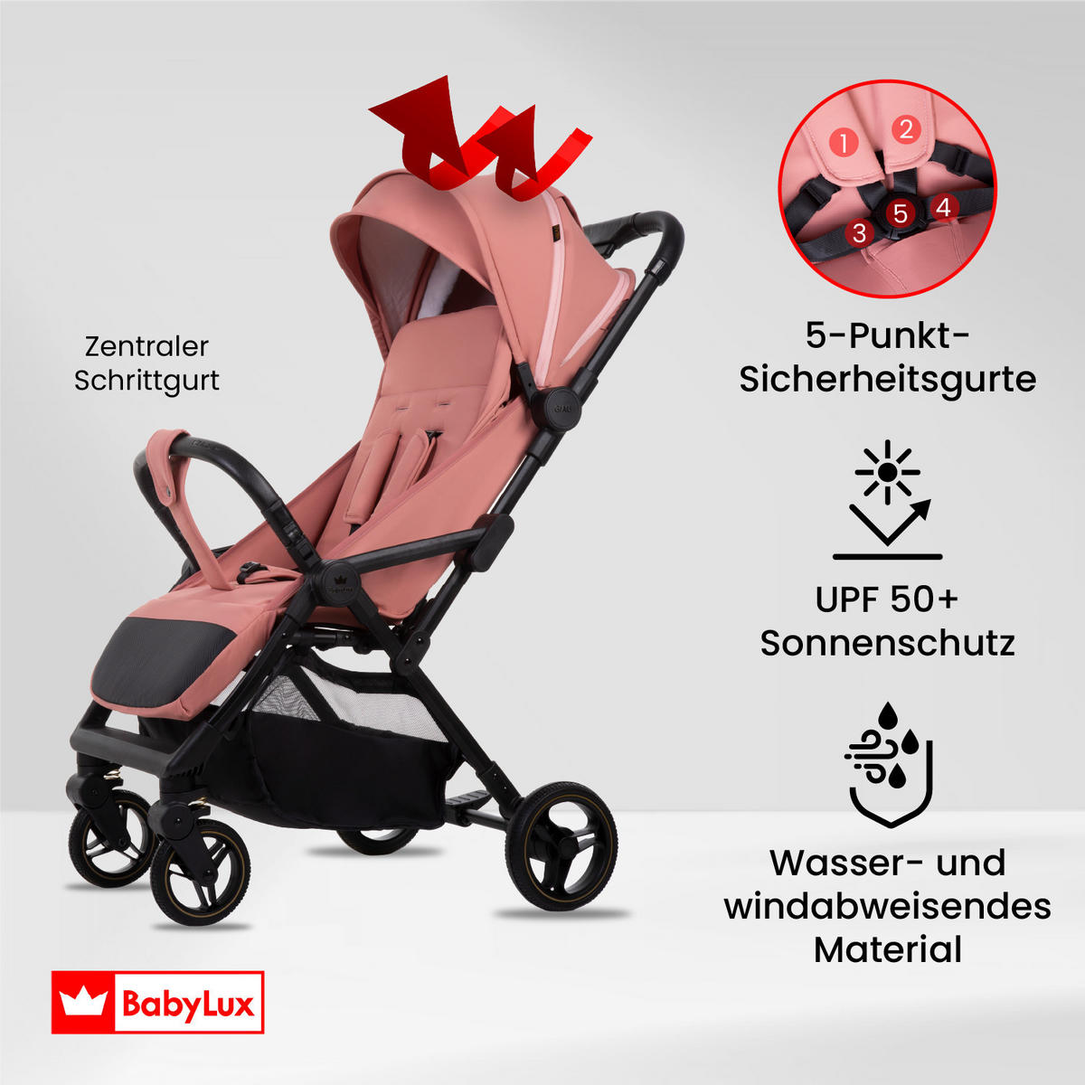 BUGGY Giau, Klein und Leicht, Teleskopische Führung, Kompakt Faltbar, Wickeltasche, Reisetasche - Schwarz/Rosa, Textil/Metall (58/98cm) - BabyLux