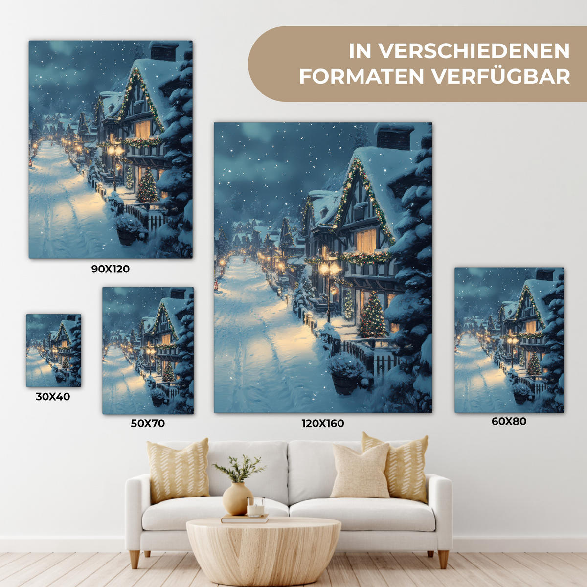 LEINWANDBILD Weihnachtsdorf - Weihnachten - Schnee - Winter 60x80 cm - Dunkelblau, Textil (60/80cm) - MuchoWow